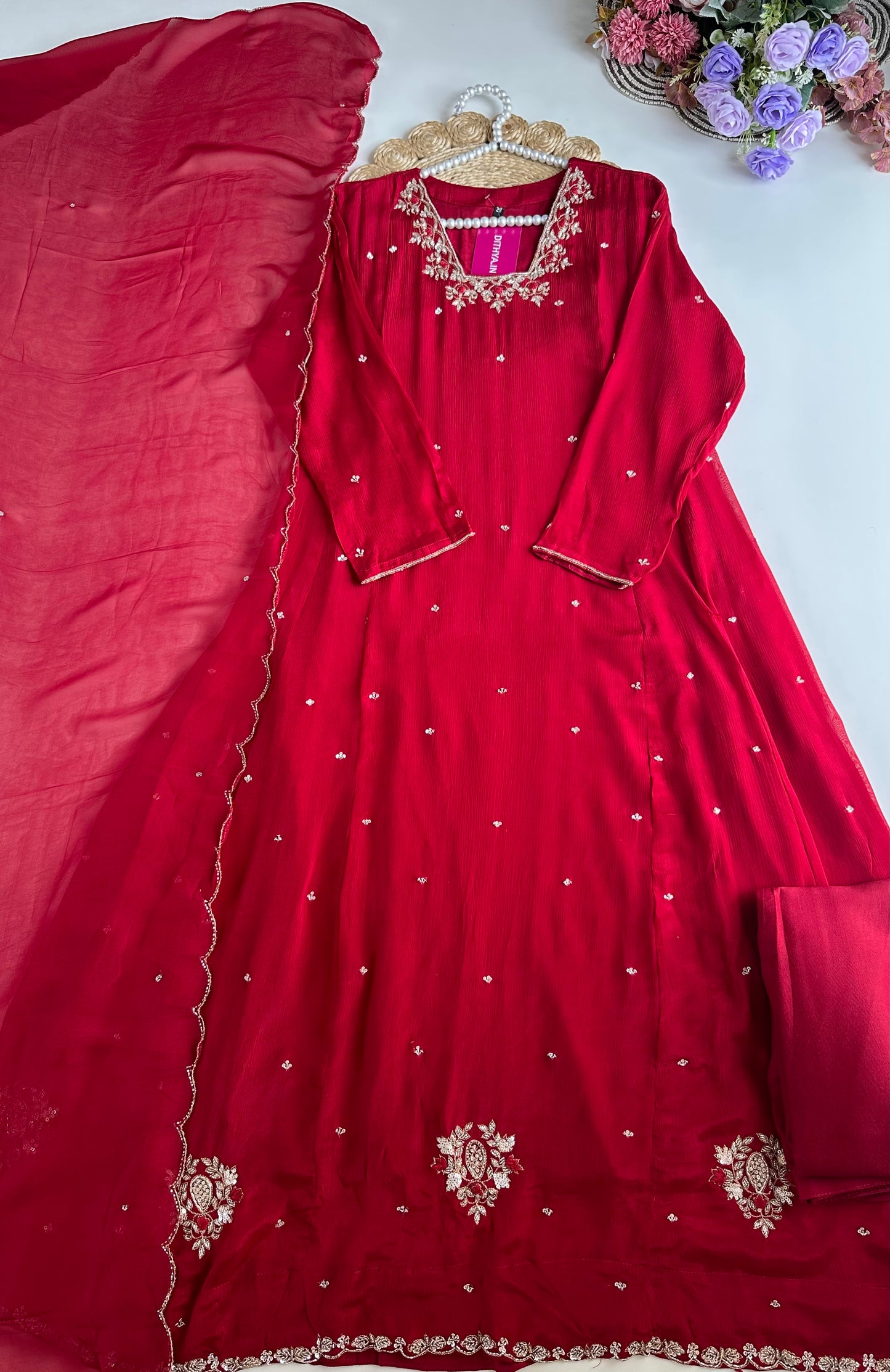 K350 - Pure Chinnon handwork Anarkali with pants and dupatta