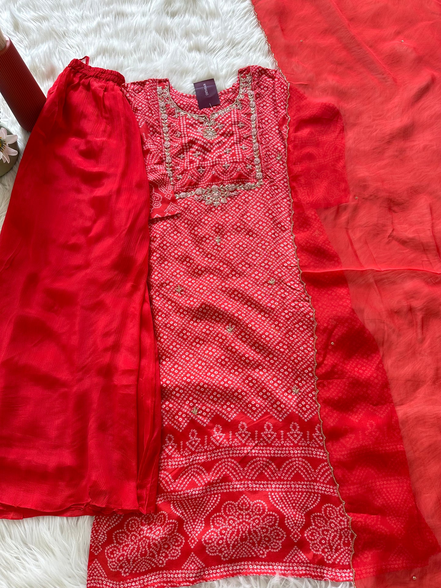 K381 - Russian silk handwork bandhini Kurti with palazzo and dupatta