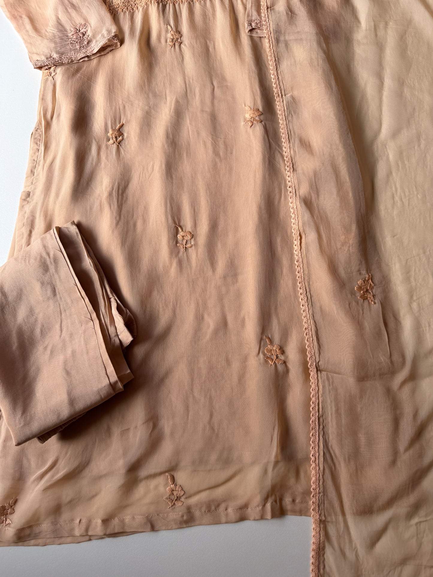 K587 - Viscose organza Chikankari straight Kurti with pants and dupatta