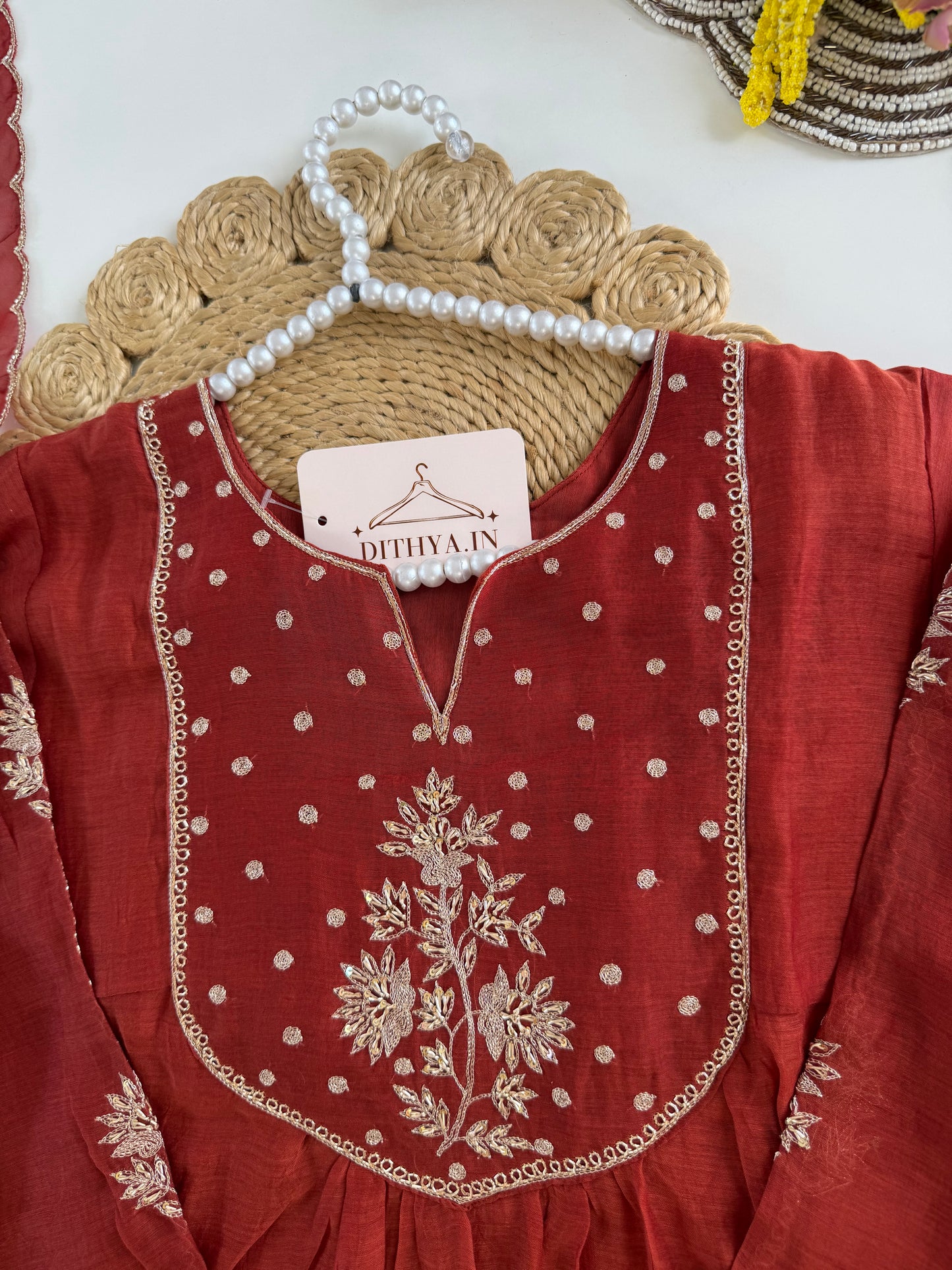 K527 - Mul chanderi handwork Anarkali with pants and dupatta