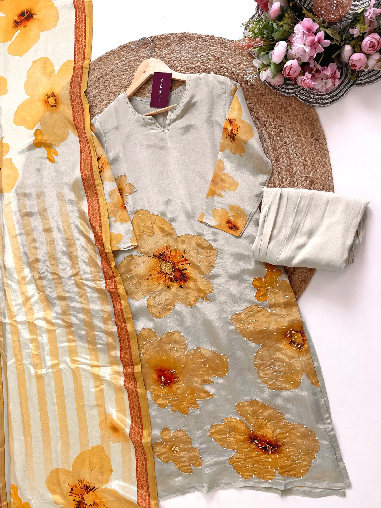 K036 - Tissue silk floral straight kurti with pants and dupatta .