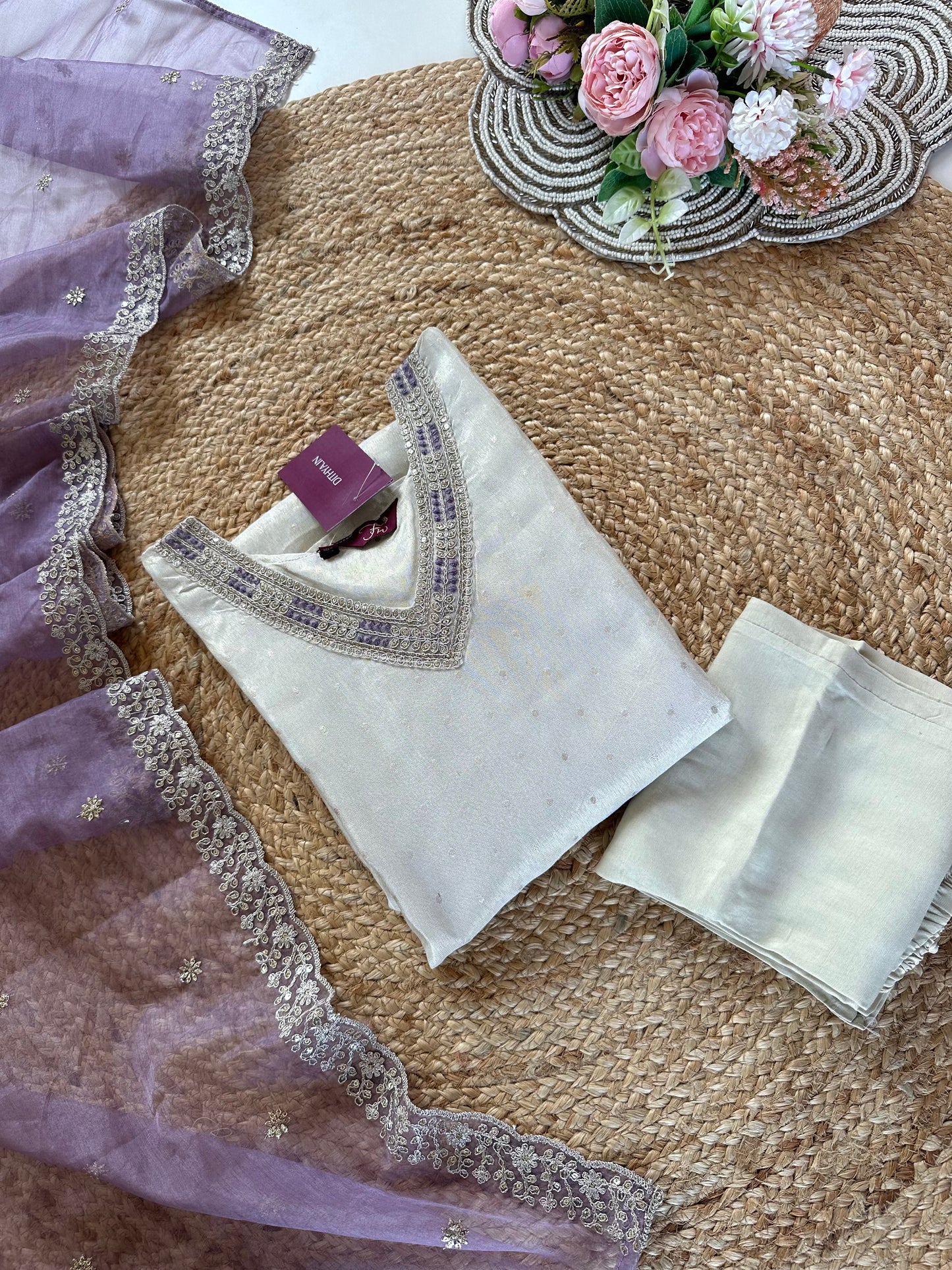 K054 - Tissue silk self weaving straight kurti with pants and dupatta.