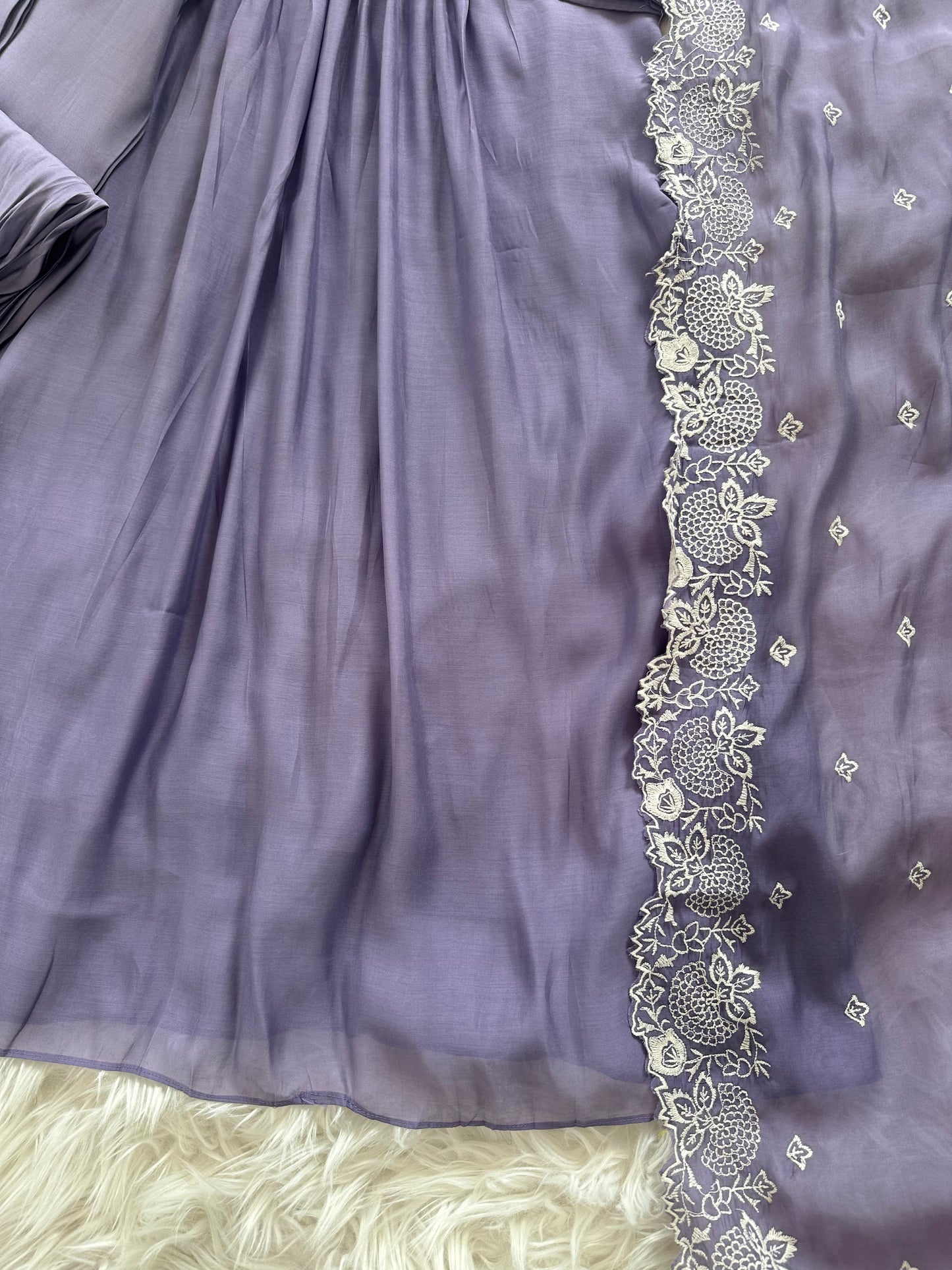 K319 - Muslin silk embroidered Aline Kurti with pants and dupatta in 2 colours
