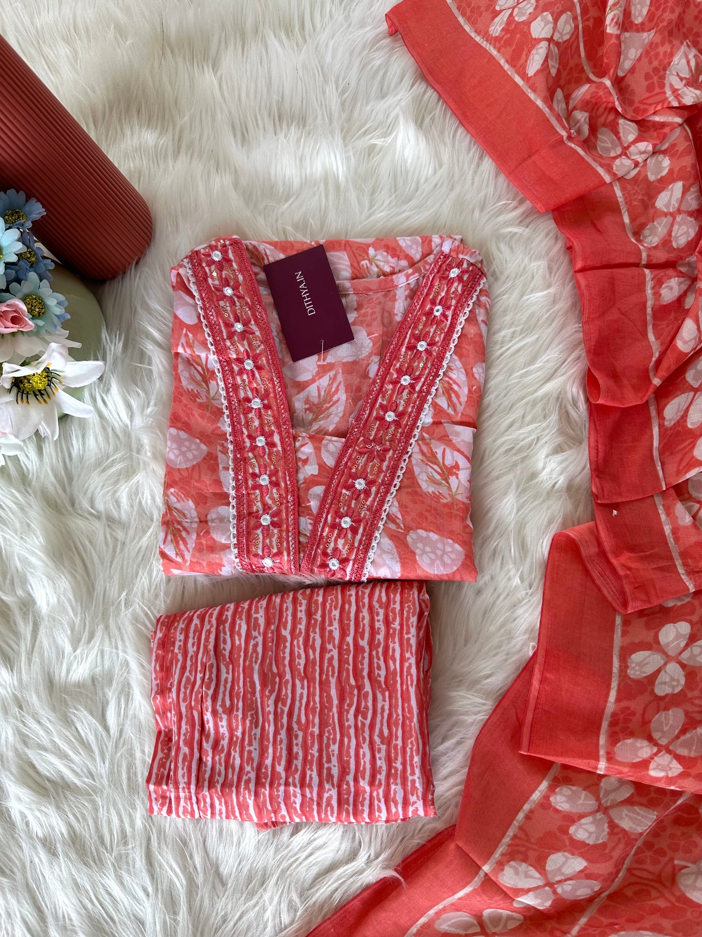 K084 - Cotton printed straight Kurti with pants and dupatta
