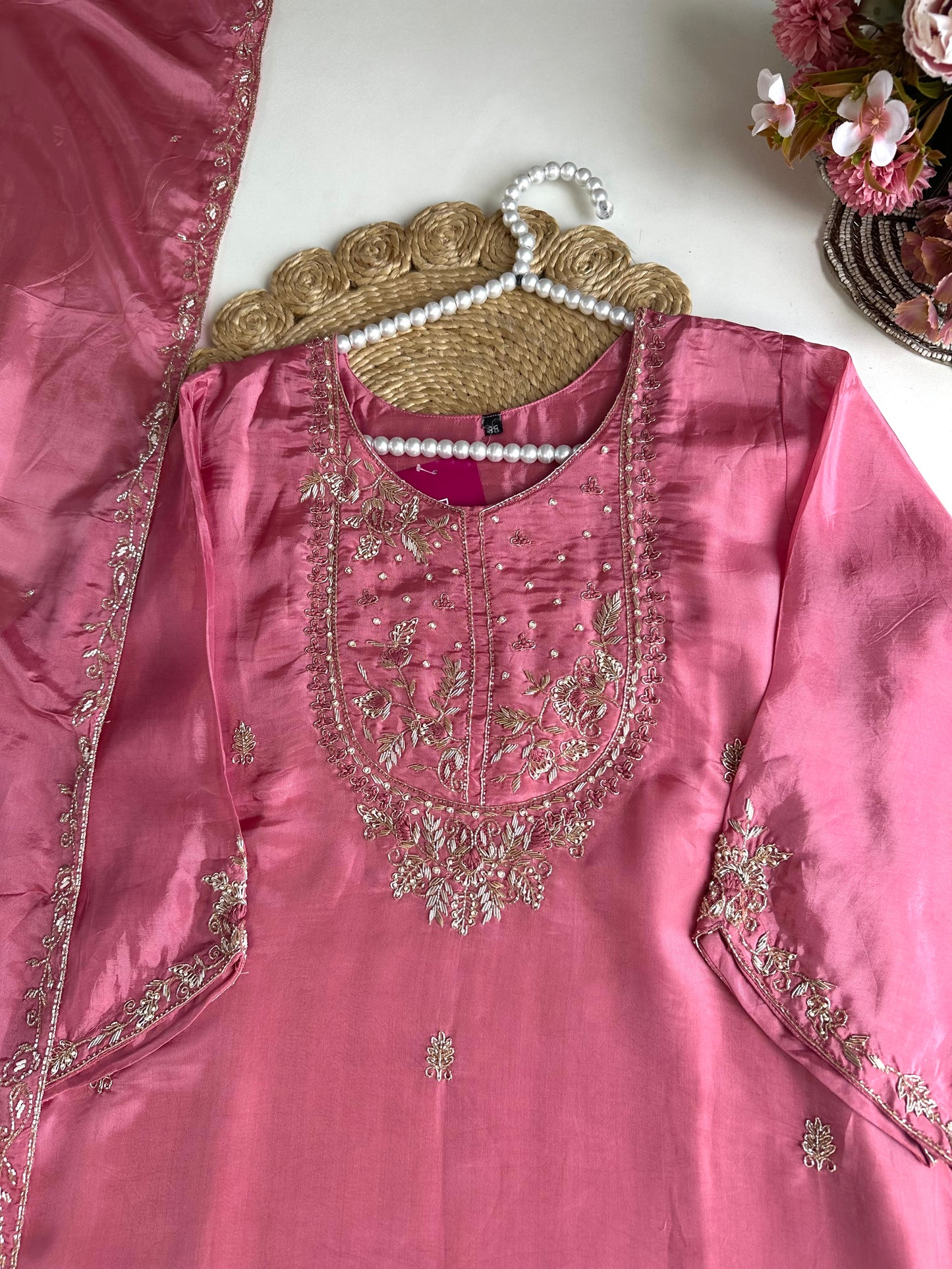 K470 - HO silk handwork Aline Kurti with pants and dupatta