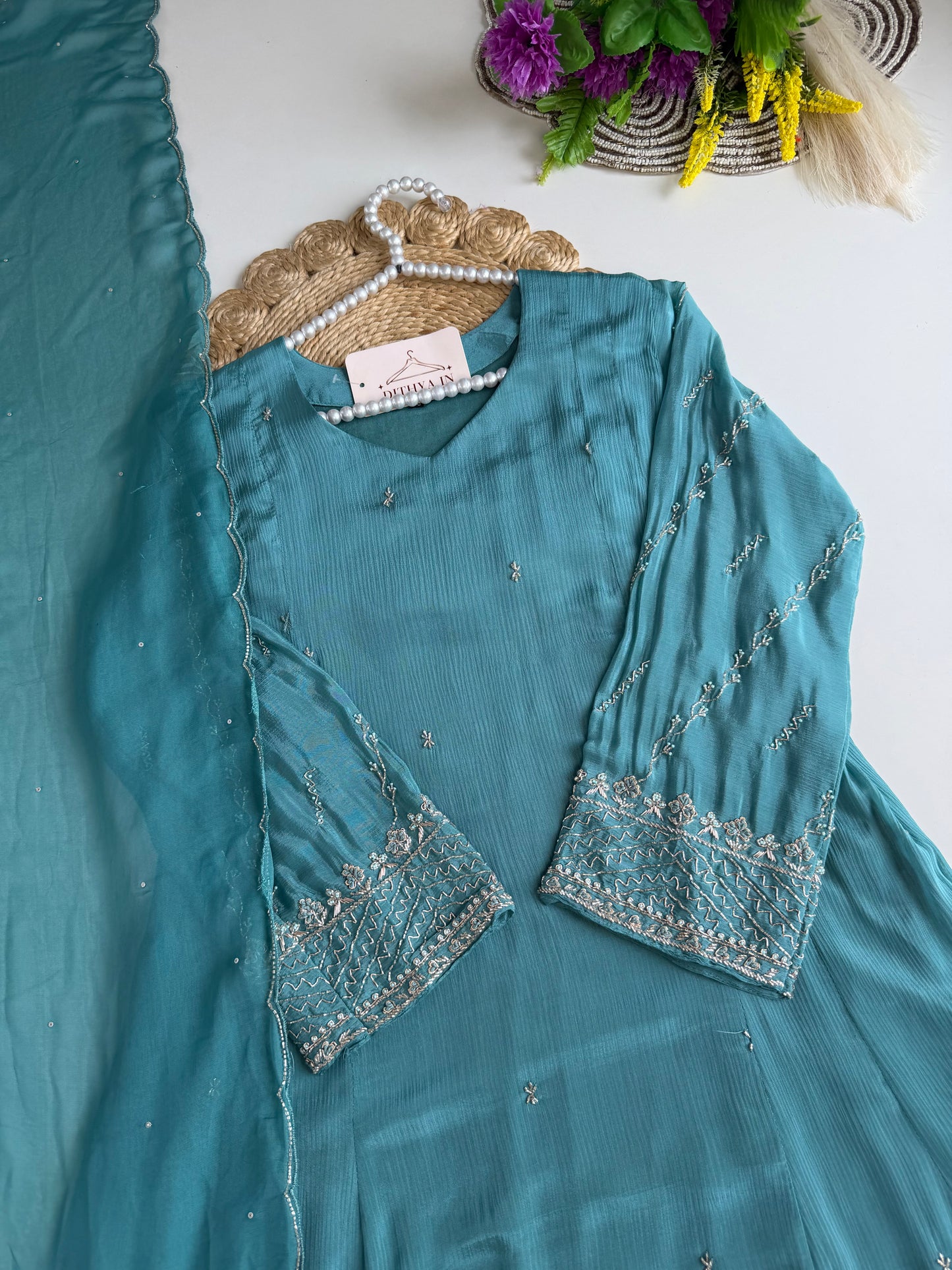 K214-Pure Chinnon Handwork Anarkali with pants and dupatta
