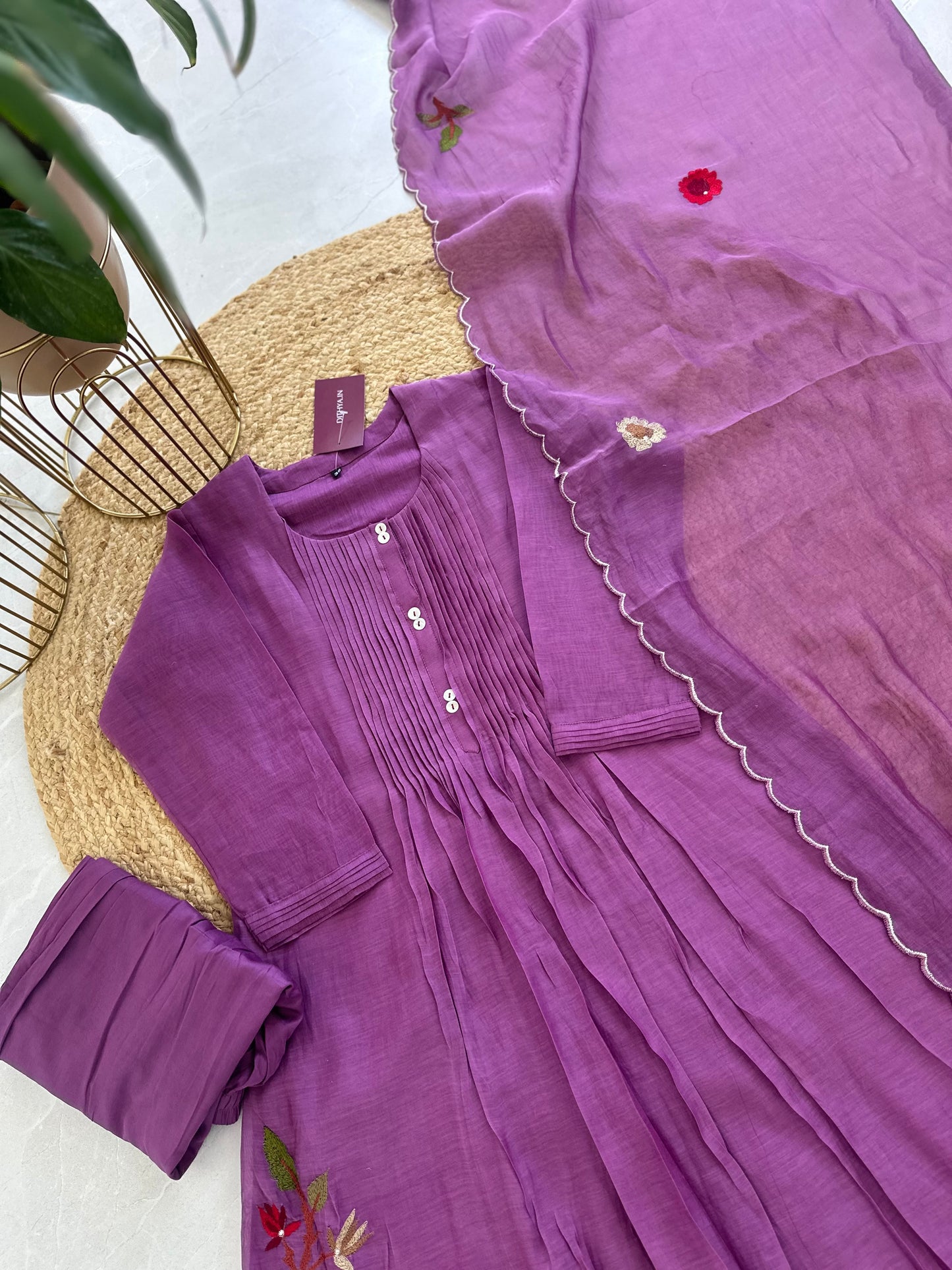 K308 - Mul Chanderi hand embroidered Aline Kurti with pants and dupatta in 2 colours .