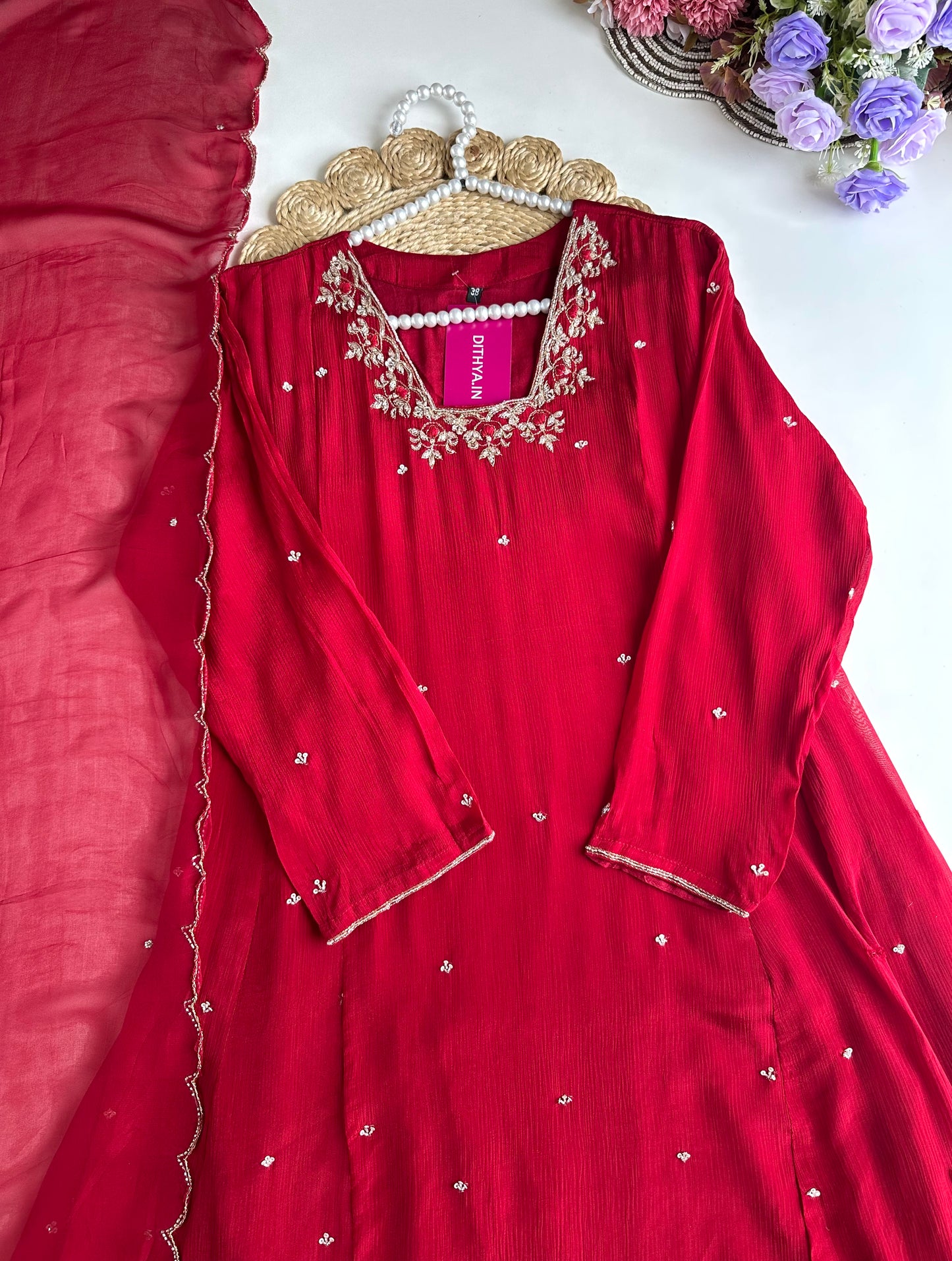 K350 - Pure Chinnon handwork Anarkali with pants and dupatta
