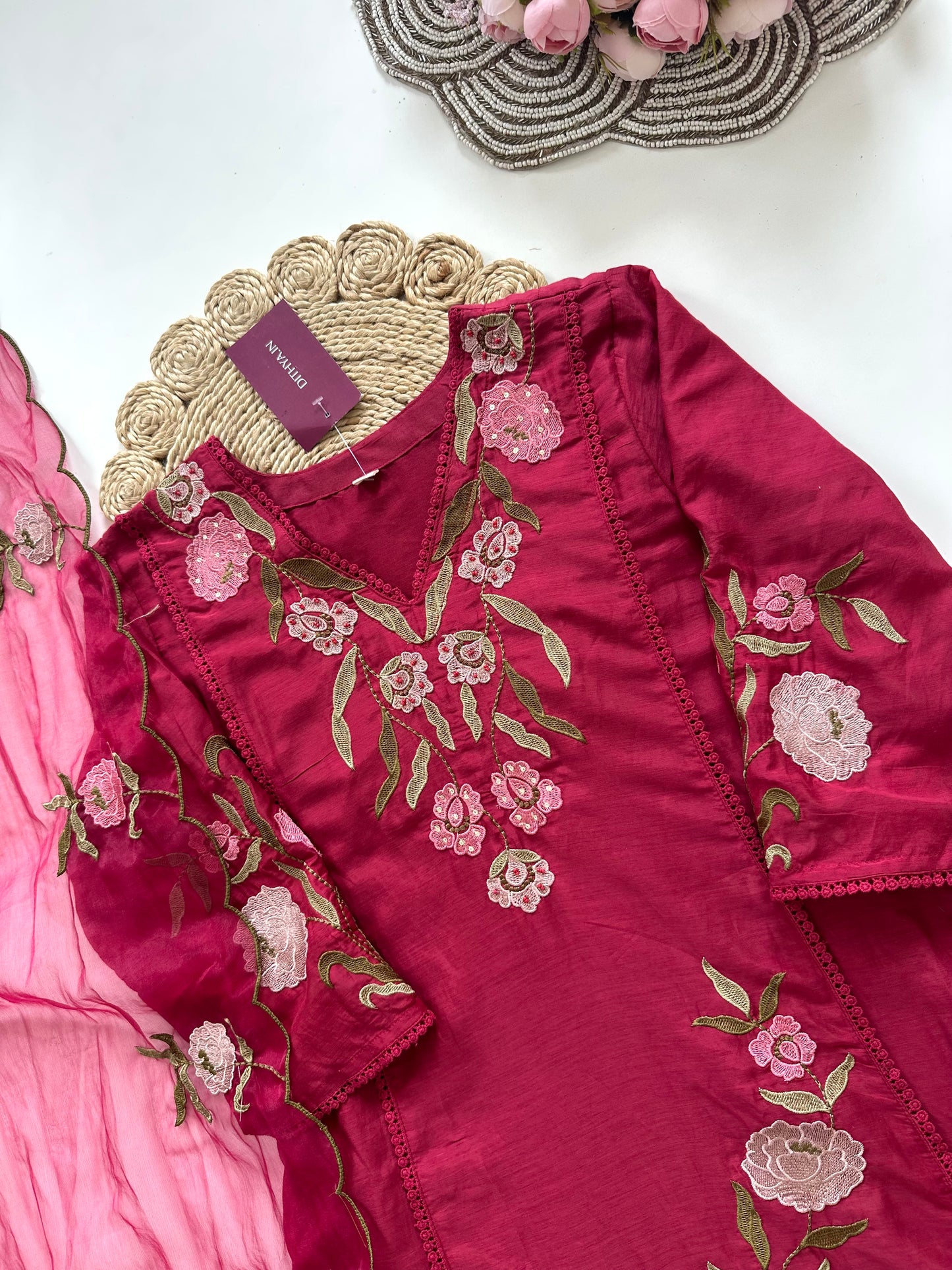K379 - Mul Chanderi appliqué work Aline Kurti with pants and dupatta in 2 colours