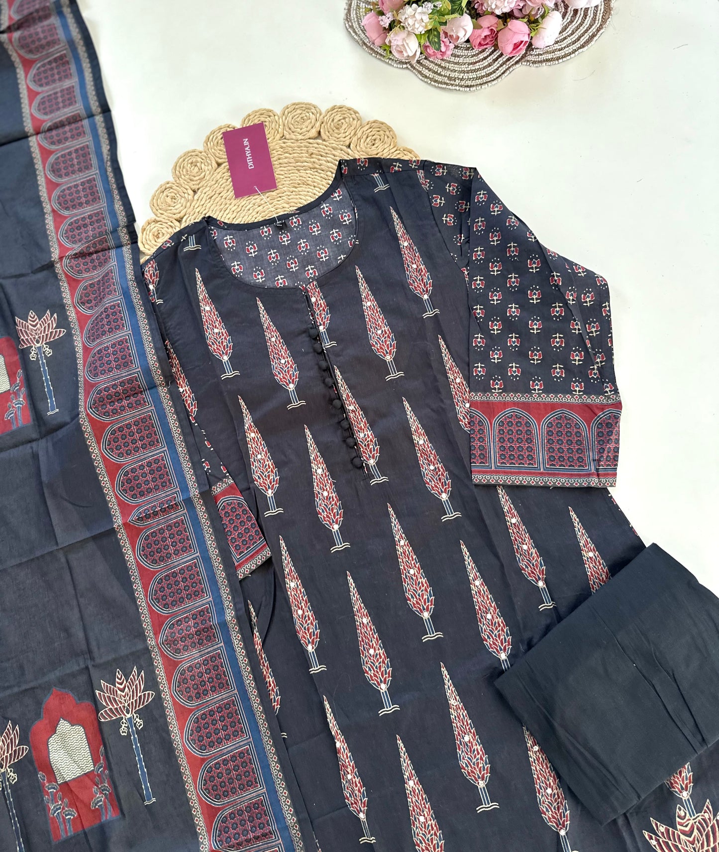 K007 - Mul cotton straight Kurti with pants and dupatta in 2 colours