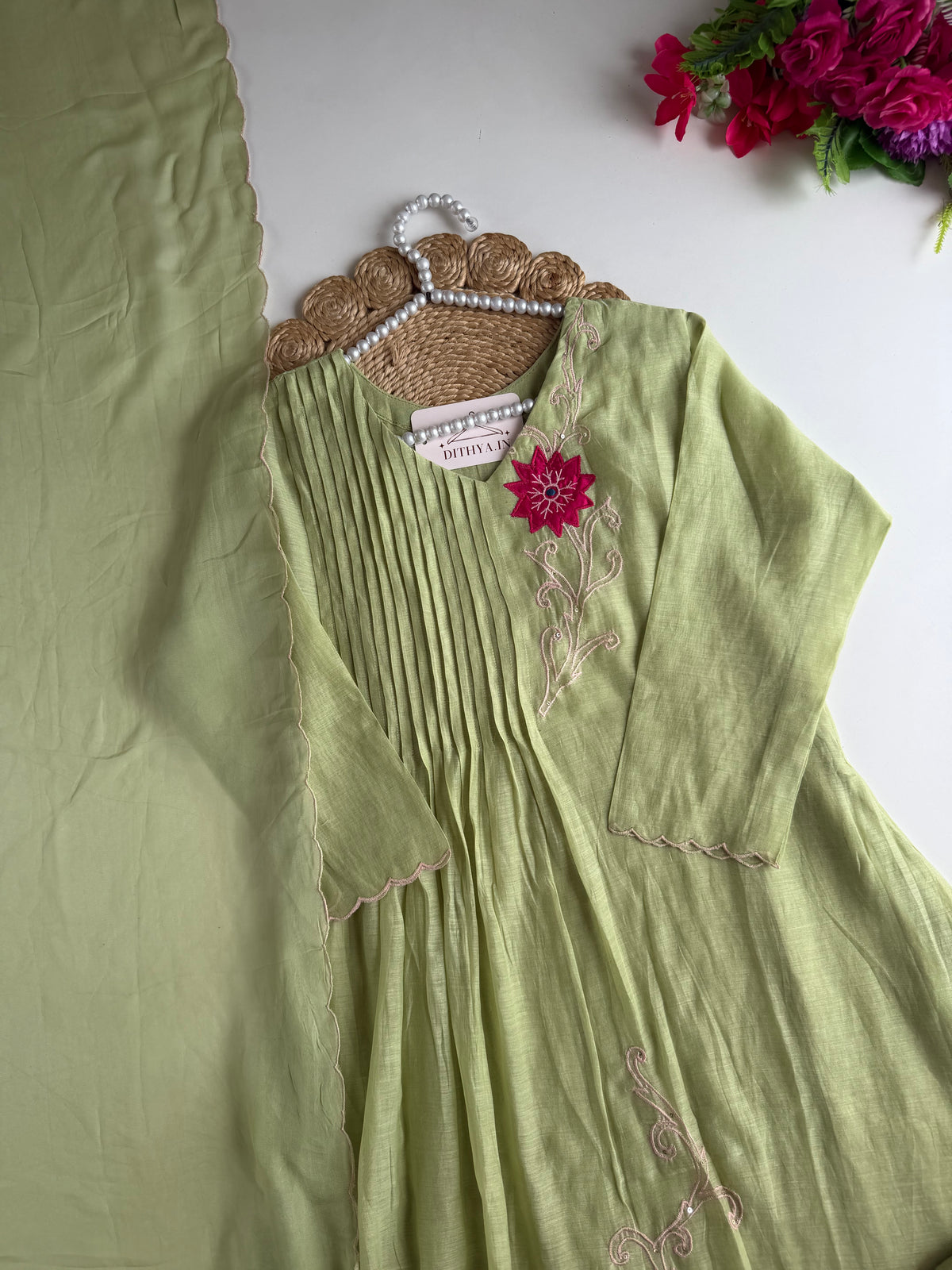 K152 - Mul chanderi appliqué handwork Anarkali with pants and dupatta