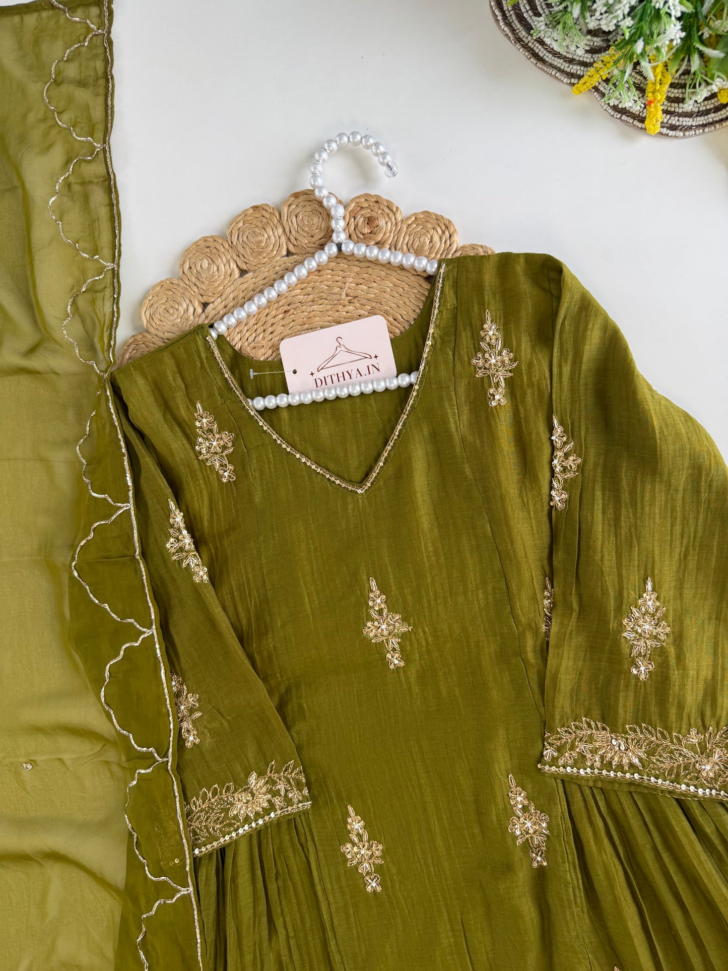 K551 - Mul chanderi handwork Aline Kurti with pants and dupatta