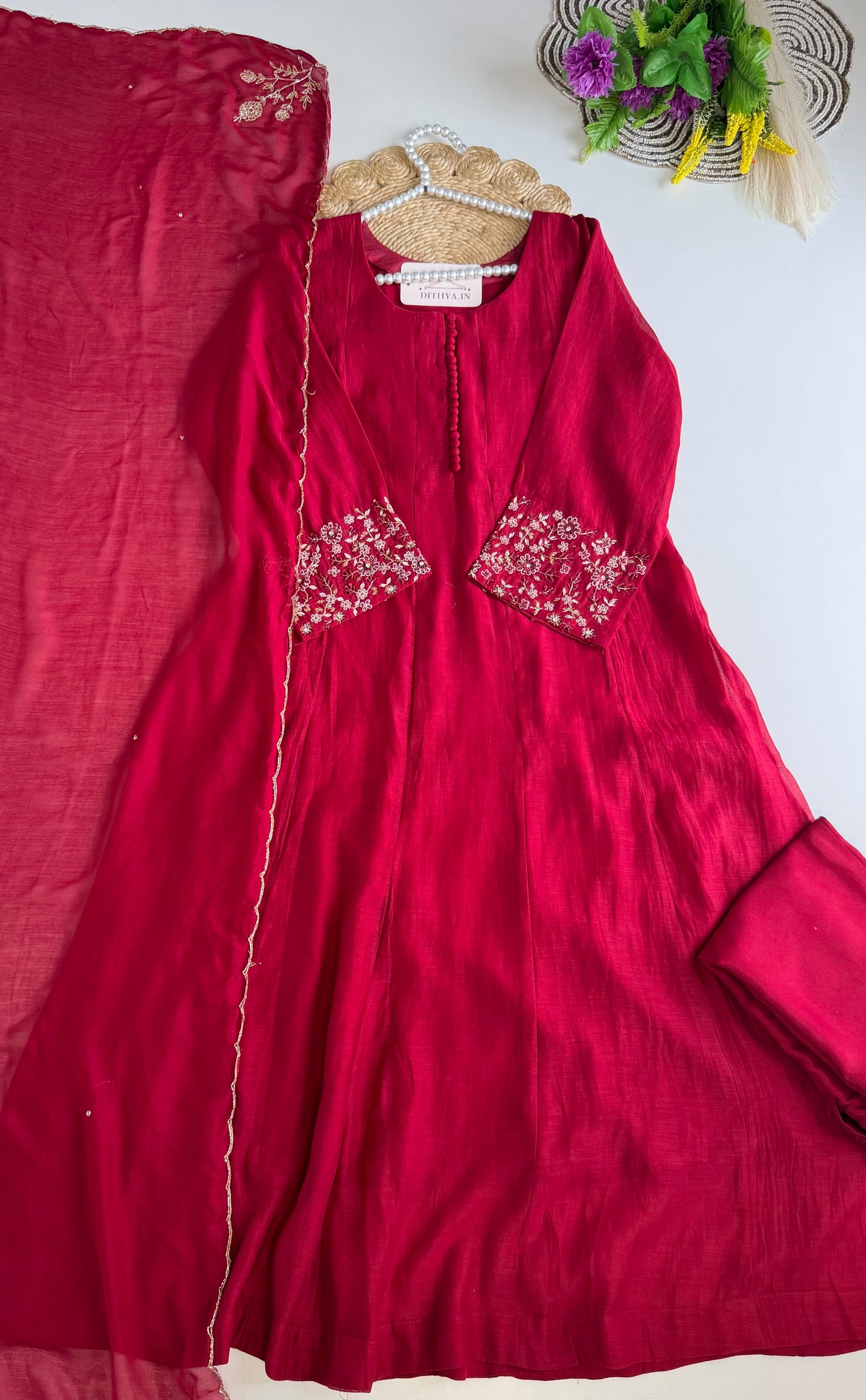K557 - Mul chanderi handwork Anarkali with pants and dupatta