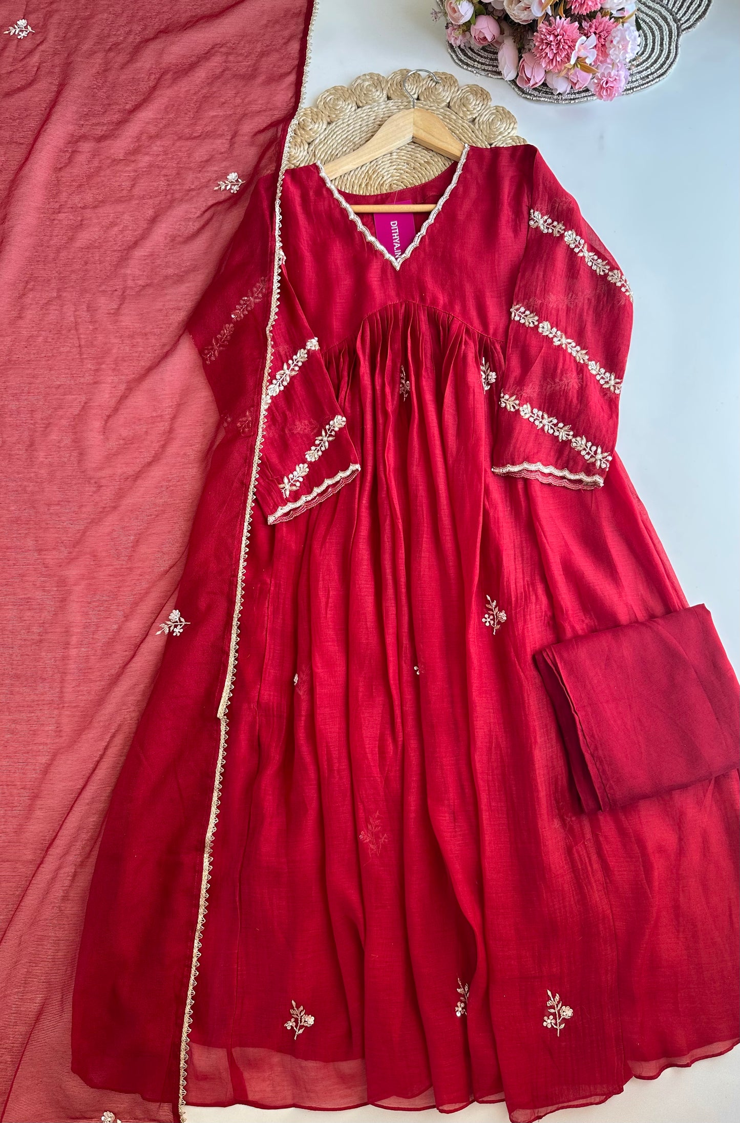K112 - Mul Chanderi Handwork Anarkali with pants and dupatta