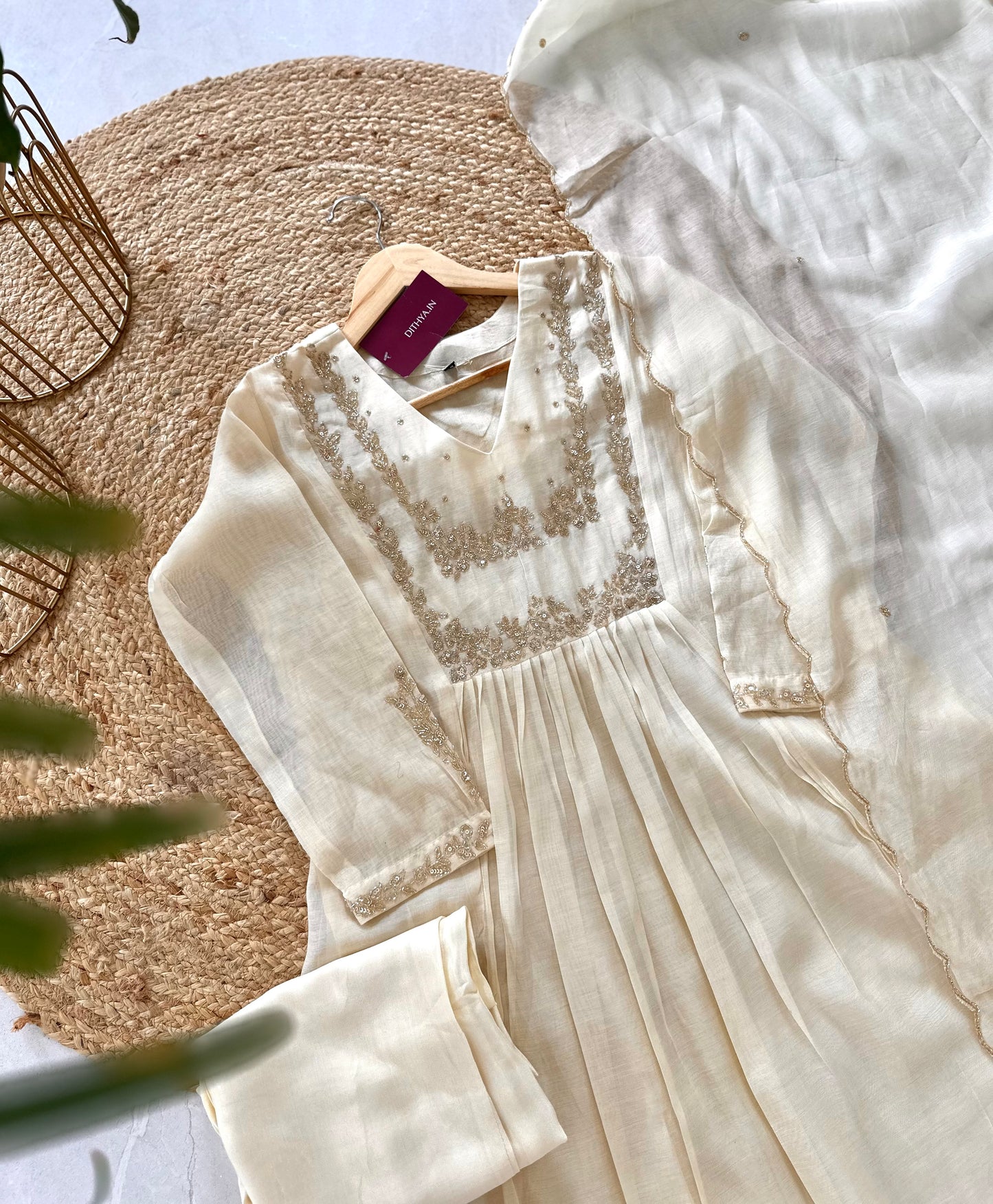 K229 - Mul Chanderi Handwork Aline Kurti with pants and dupatta in 2 colours