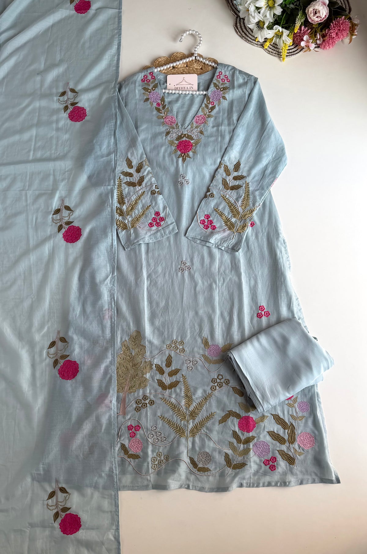 K090 - Mul chanderi appliqué work Anarkali with pants and dupatta