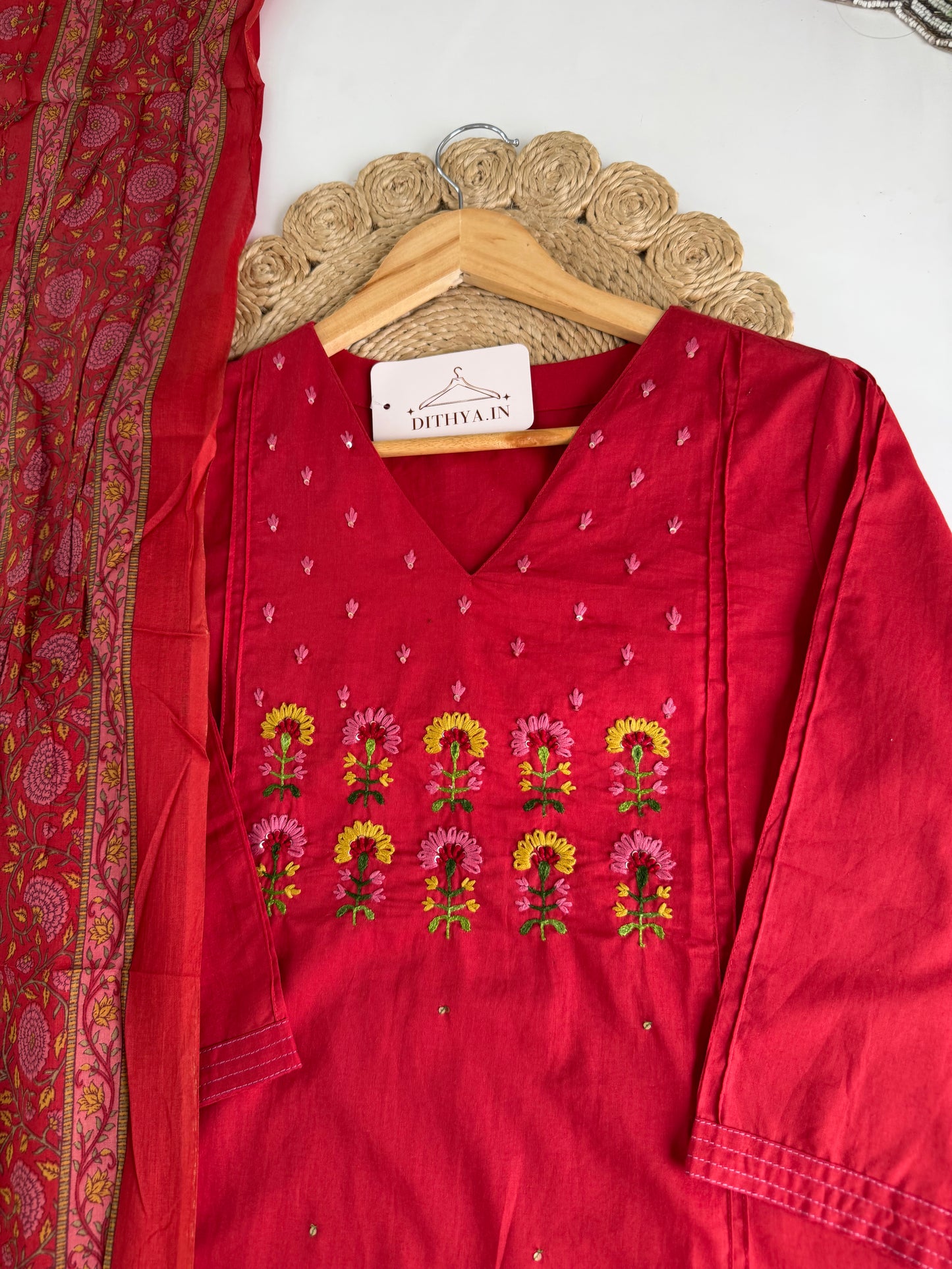 K555 - Mul cotton embroidered straight Kurti with pants and dupatta