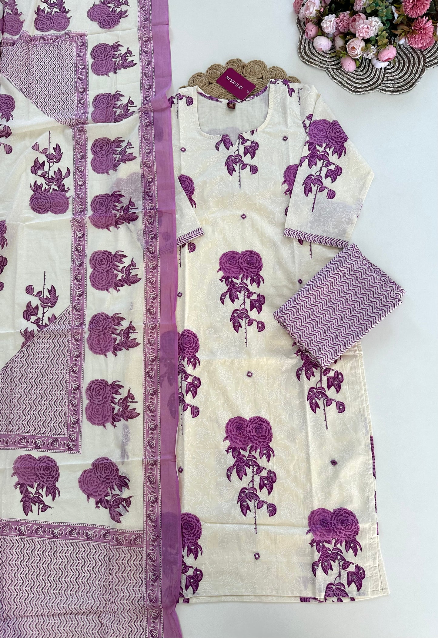 K205 - Cotton printed straight Kurti with pants and dupatta
