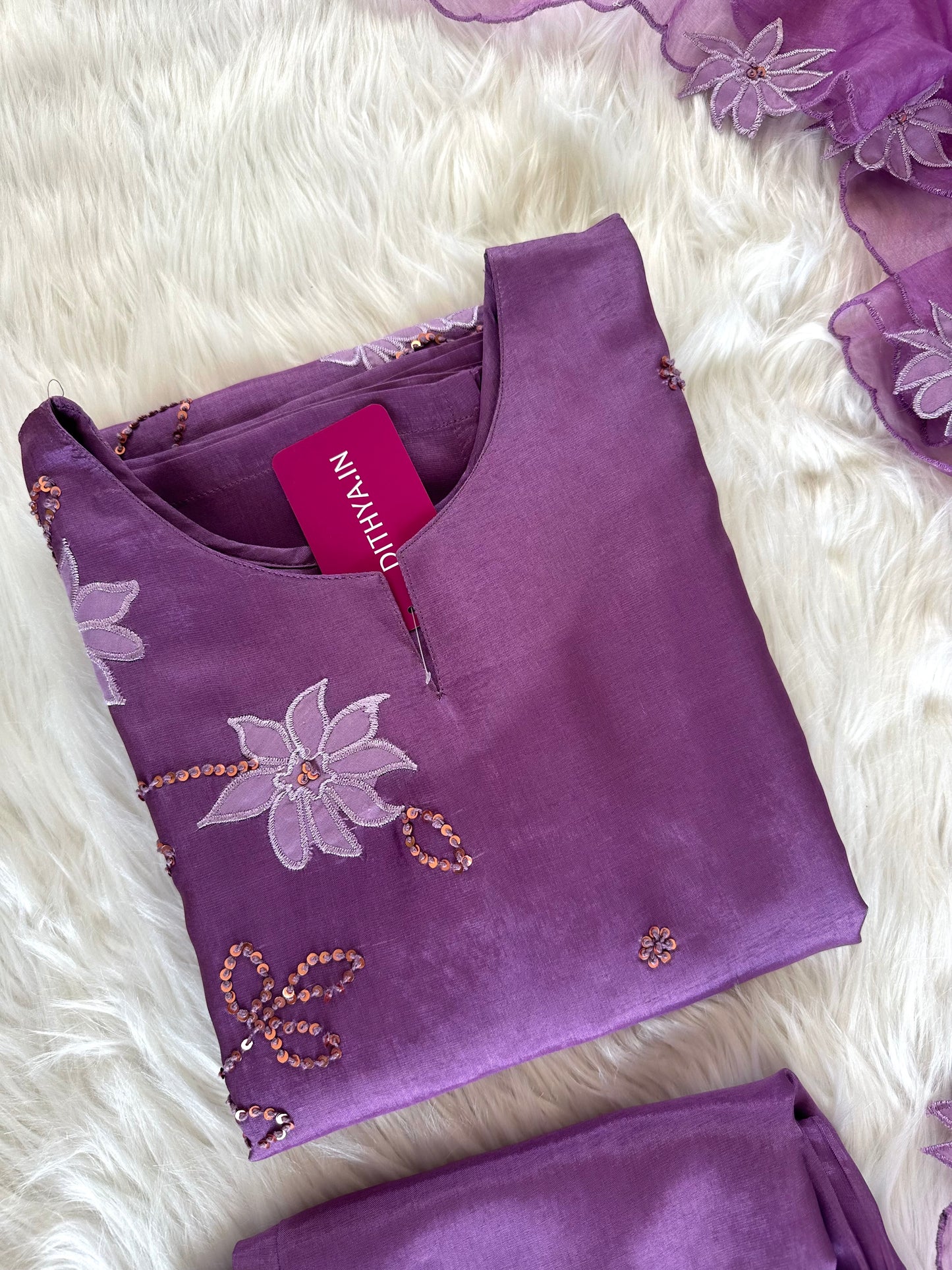 K359 - Russian silk appliqué work straight Kurti with pants and dupatta