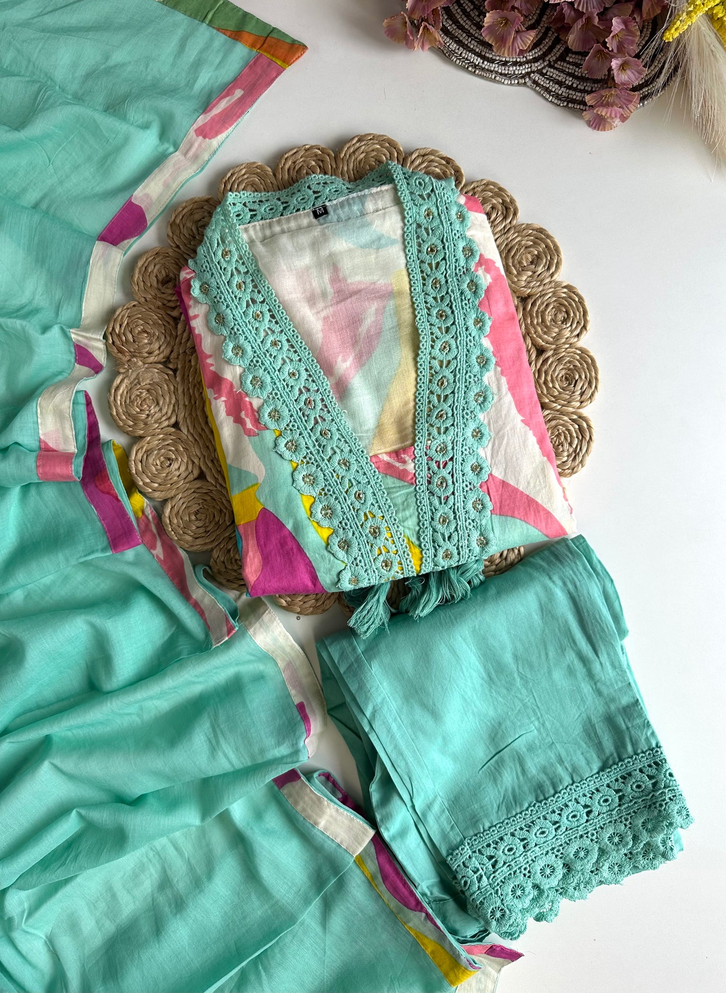 K448 - Mul Cotton embroidered straight Kurti with pants and dupatta