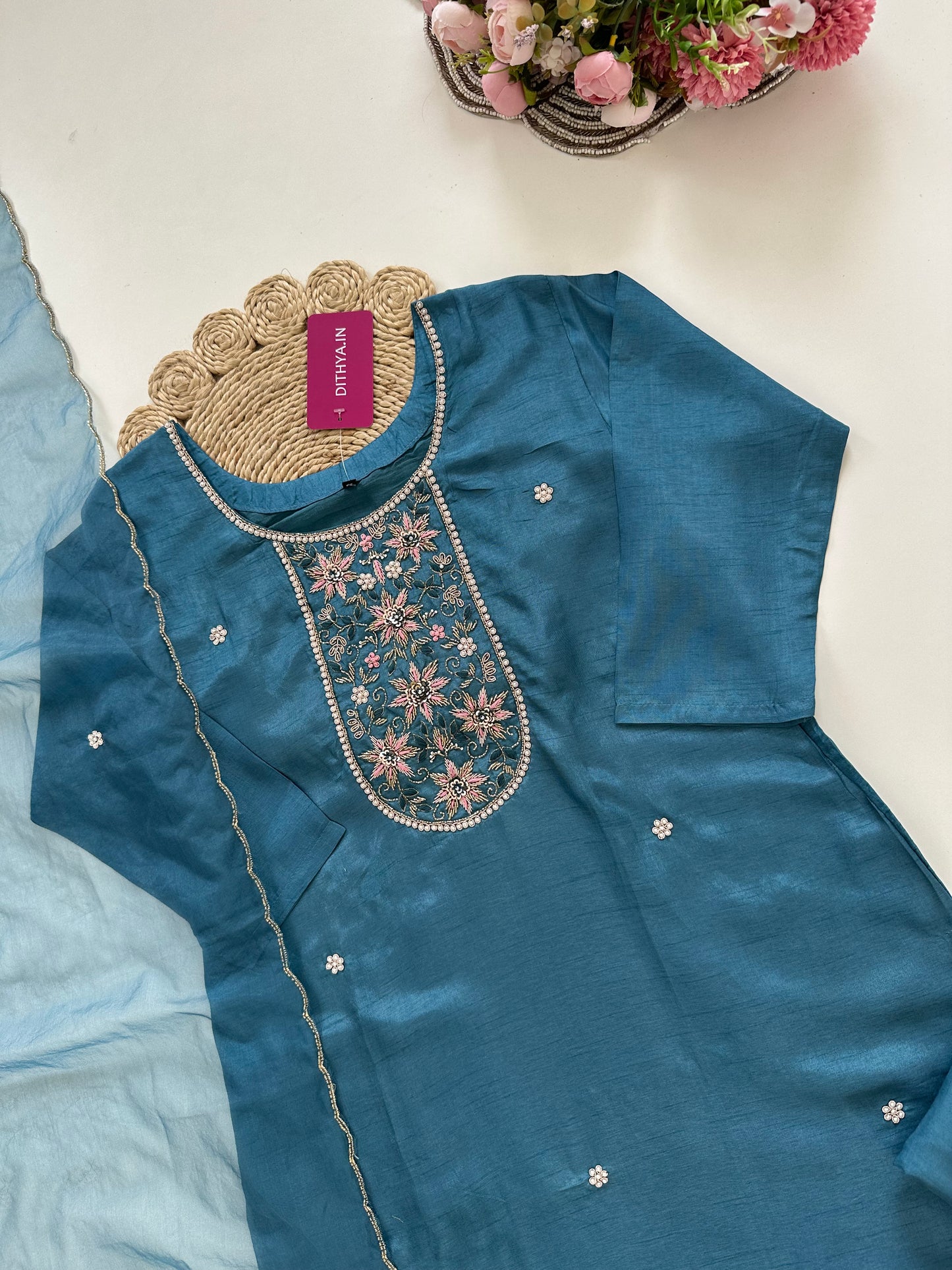 K231-Dola silk handwork straight Kurti with pants and dupatta in 2 colours