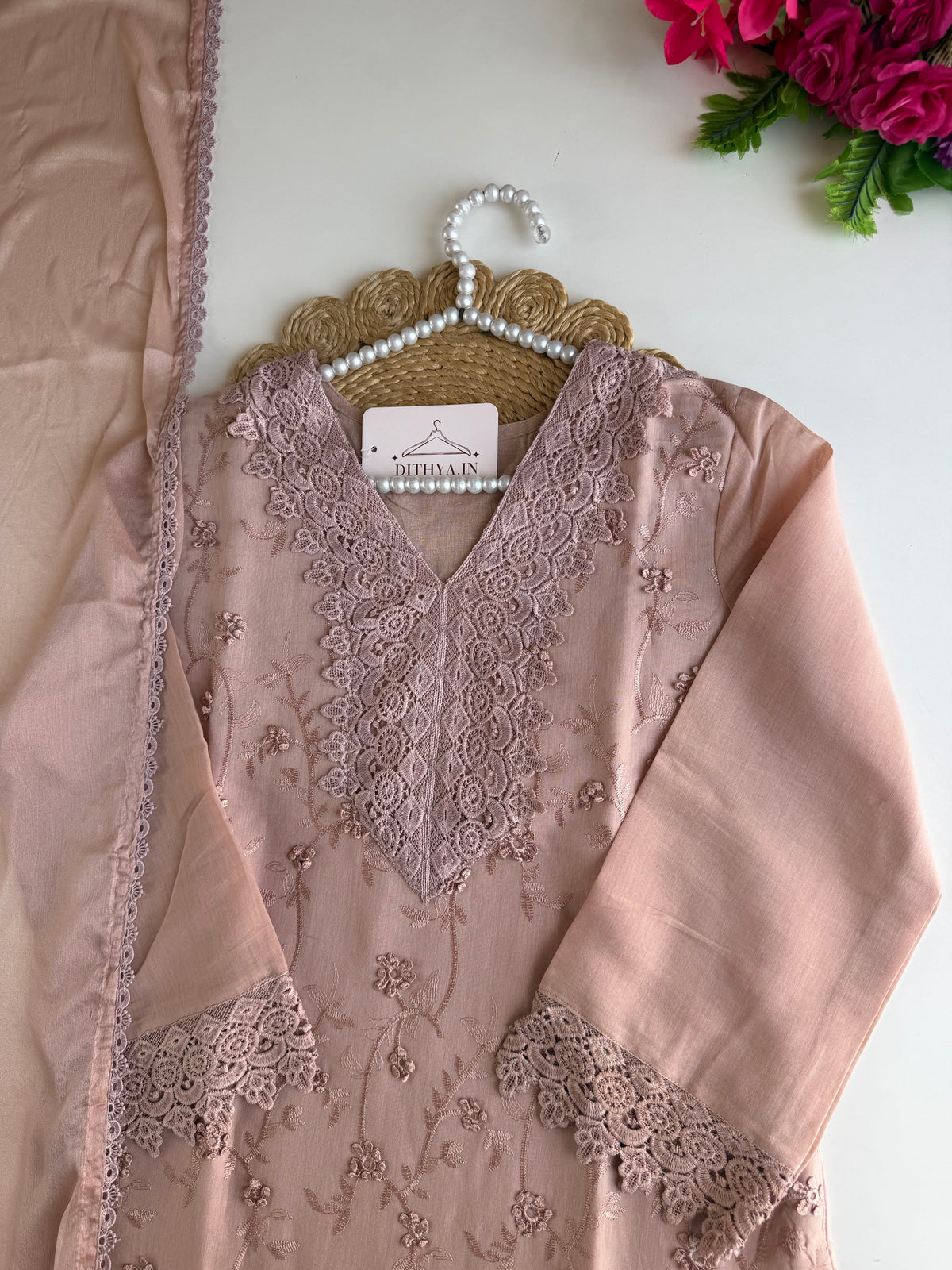 K551 - Mul chanderi 3D embroidered straight Kurti with pants and dupatta