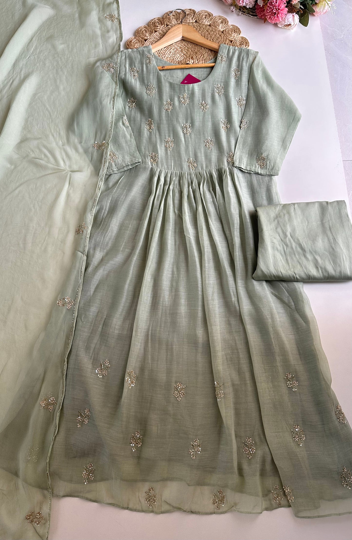 K424 - Mul Chanderi handwork Anarkali with pants and dupatta