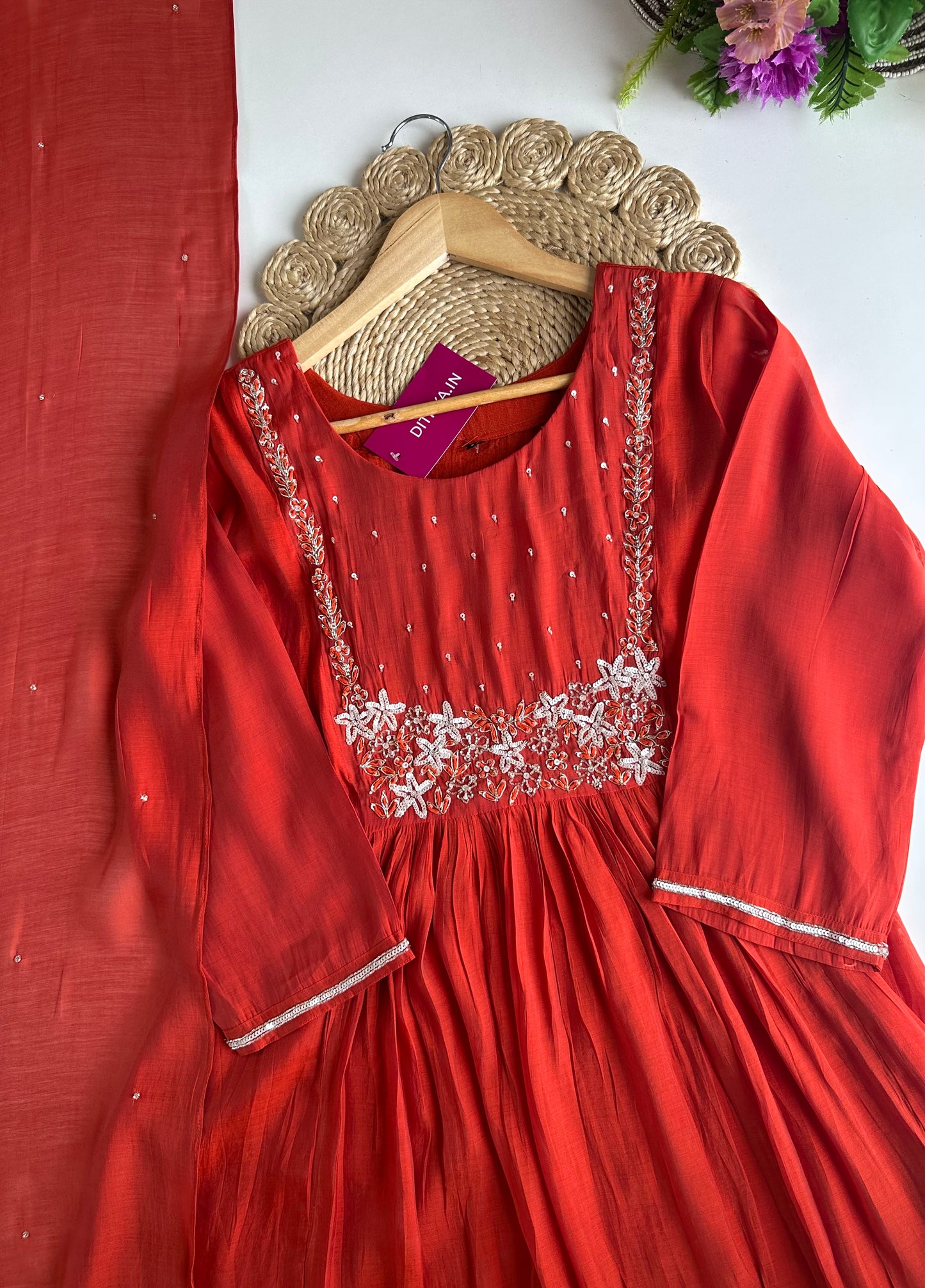 K007 - Mul Chanderi handwork Aline Kurti with pants and dupatta in 2 colours