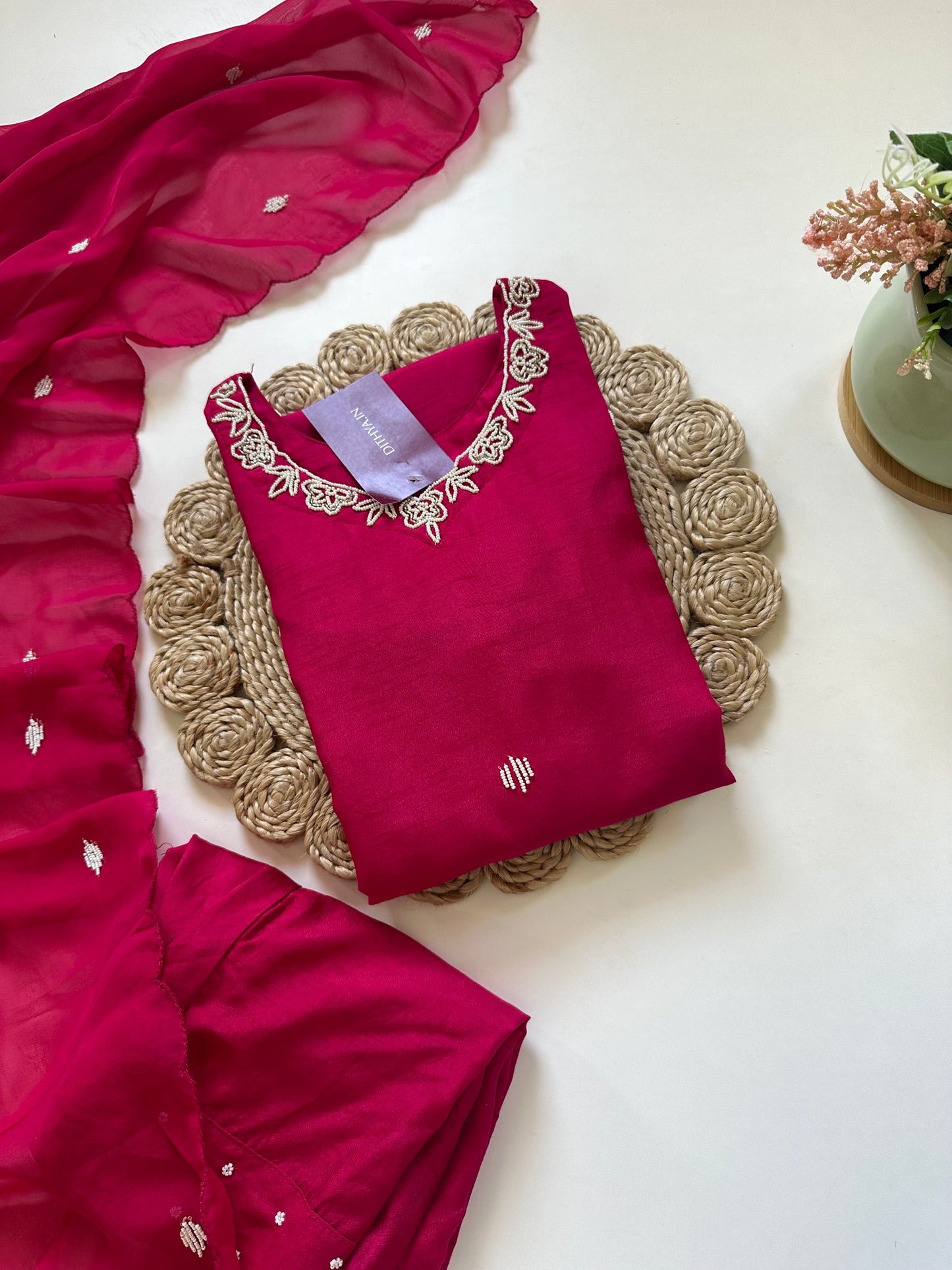 K202 - Russian silk pearl work straight kurti with pants and dupatta