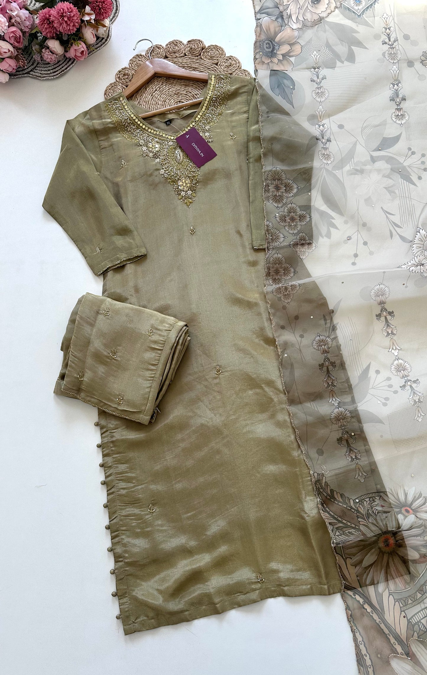 K122 - Tissue silk straight kurti with pants and dupatta.