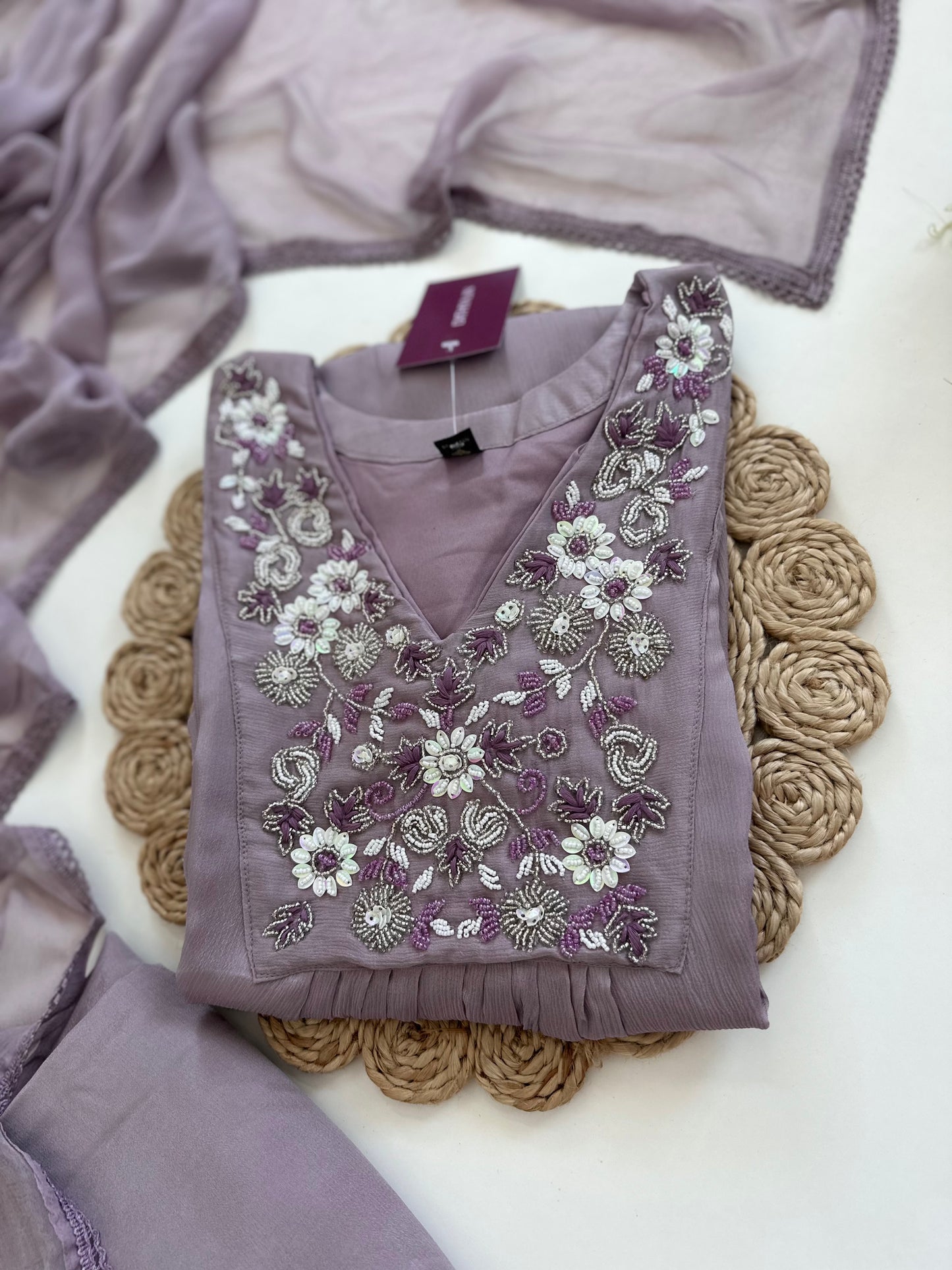 K232 - Chinnon handwork Aline Kurti with palazzo and dupatta