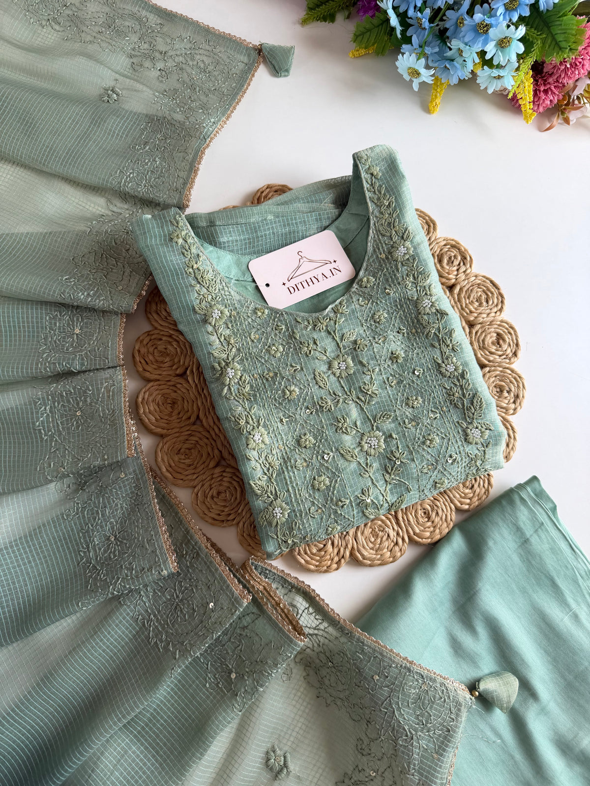 K107 - Chanderi tissue silk embroidered straight Kurti with pants and dupatta in 2 colours
