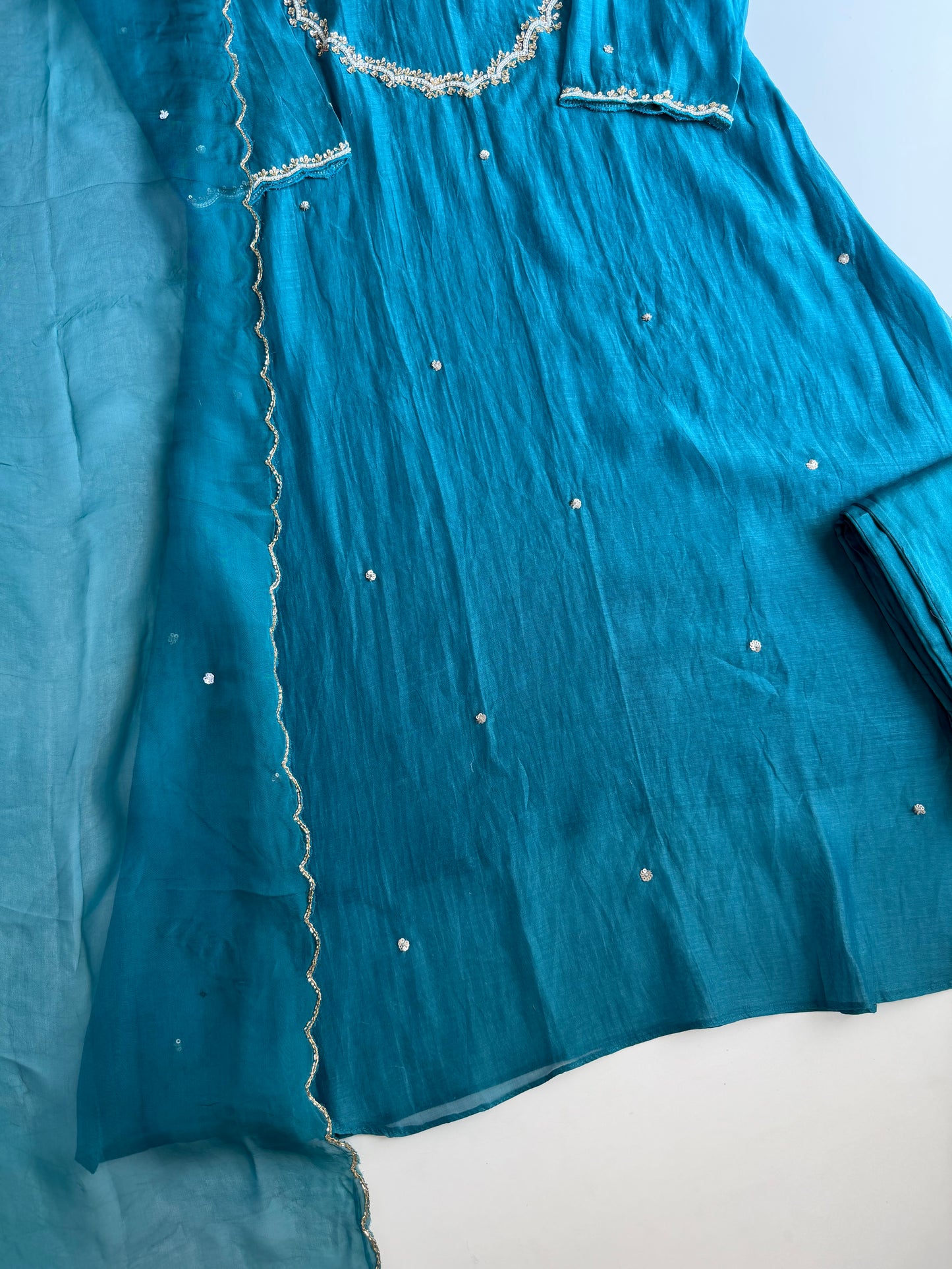 K506 - Mul chanderi handwork aline Kurti with pants and dupatta
