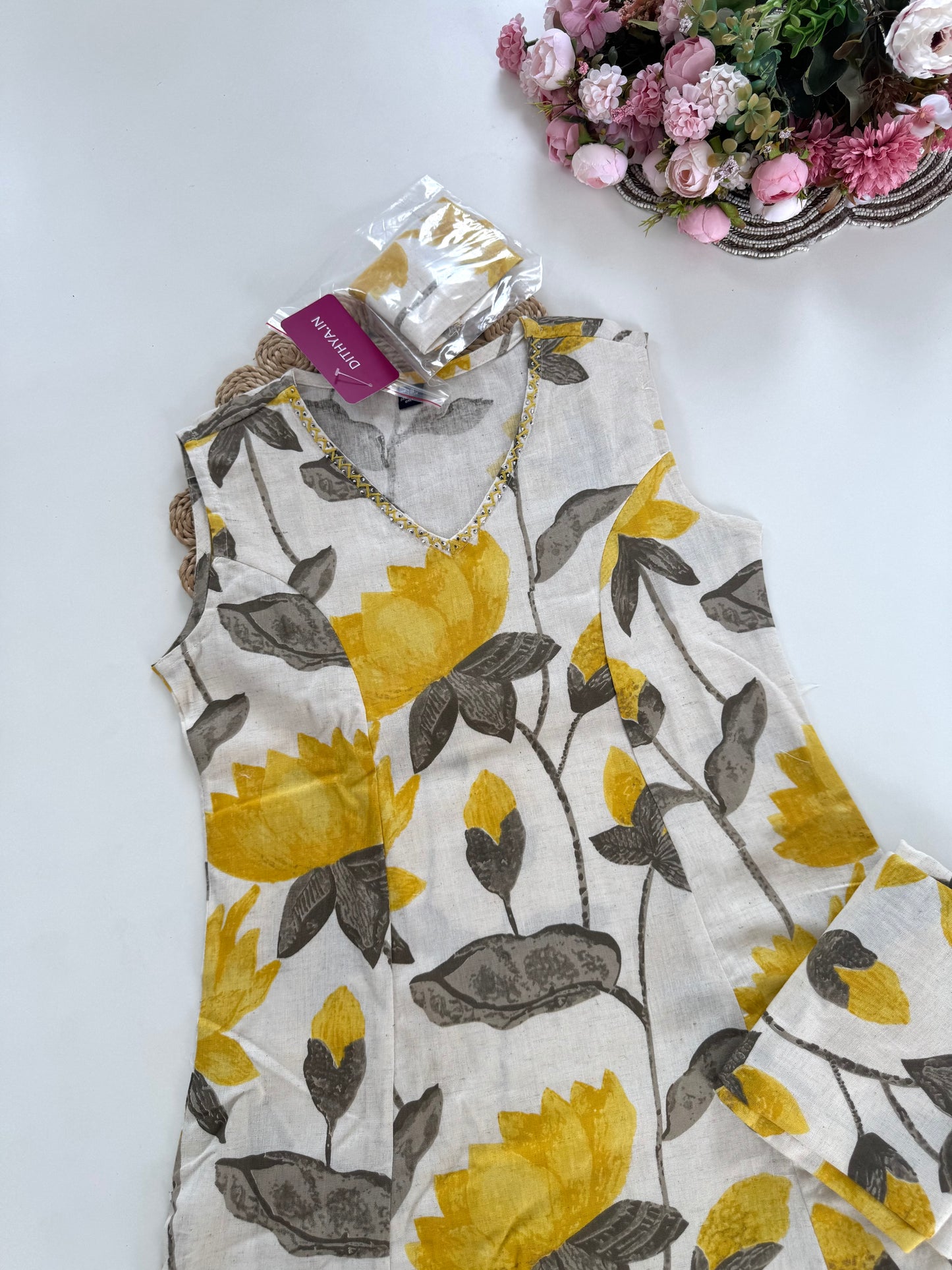 K004 - Cotton floral sleeveless Aline Kurti with pants