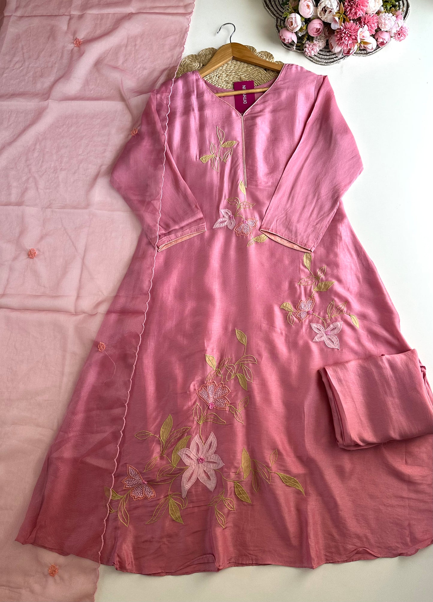 K360 - Mul Chanderi appliqué work Aline Kurti with pants and dupatta