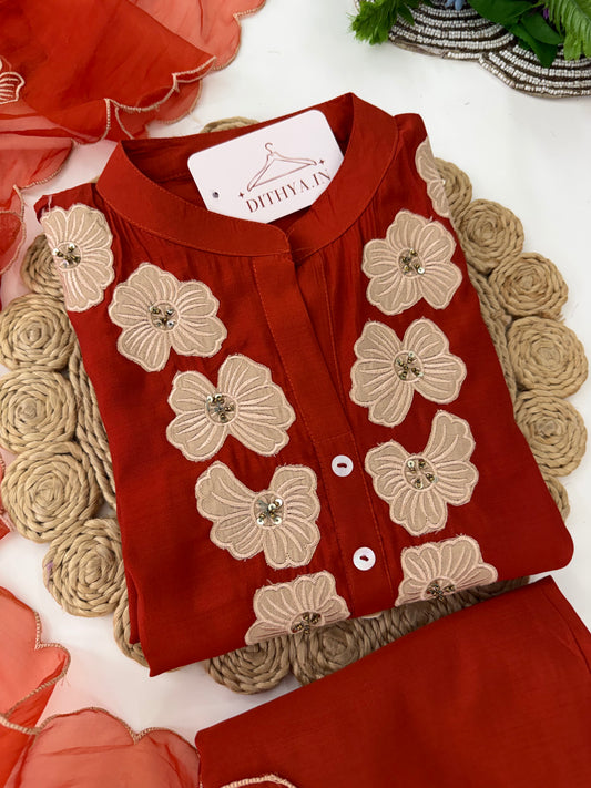 K568 - Rayon silk appliqué work straight Kurti with pants and dupatta in 2 colours