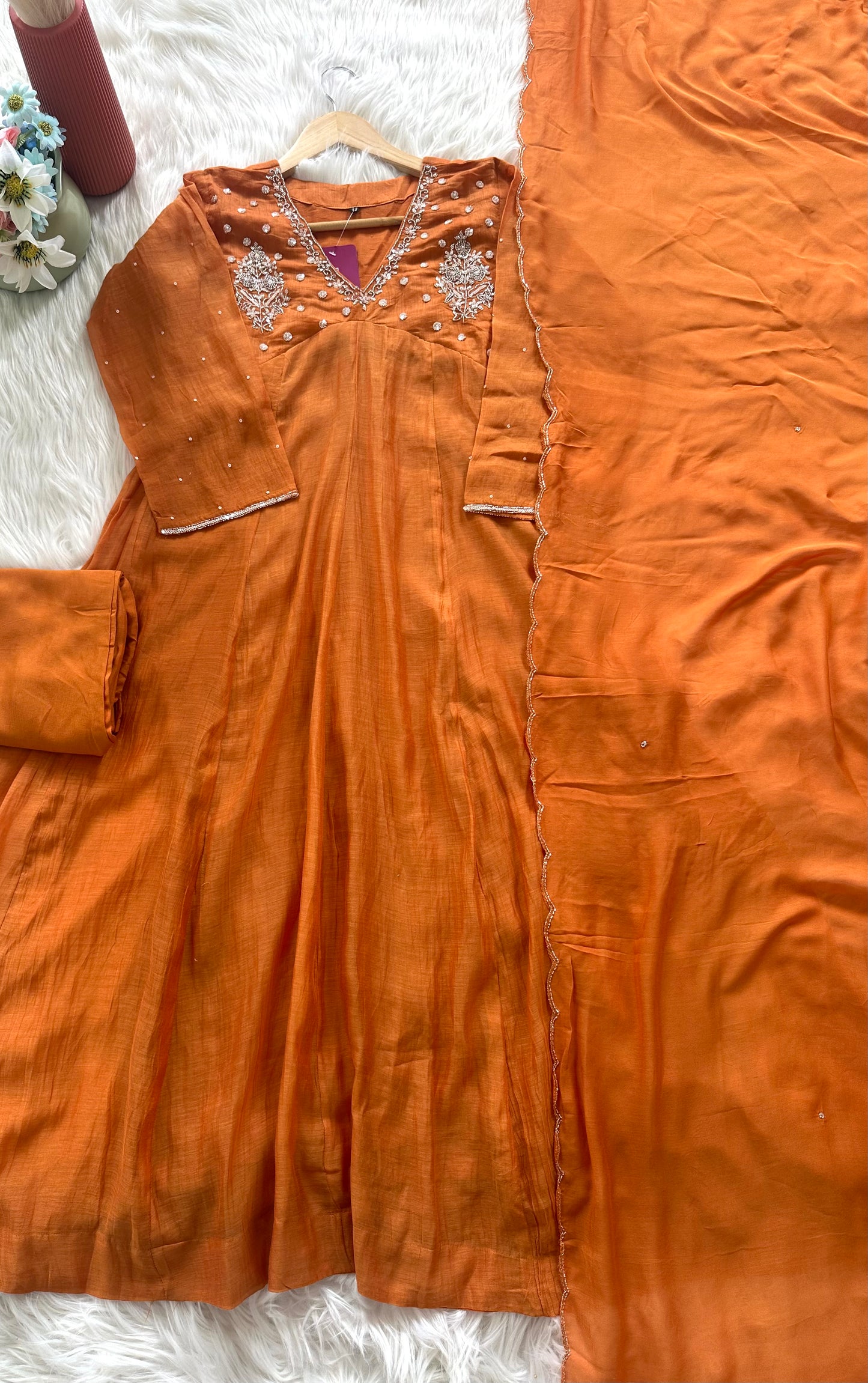 K092 - Mul Chanderi handwork Aline Kurti with pants and dupatta