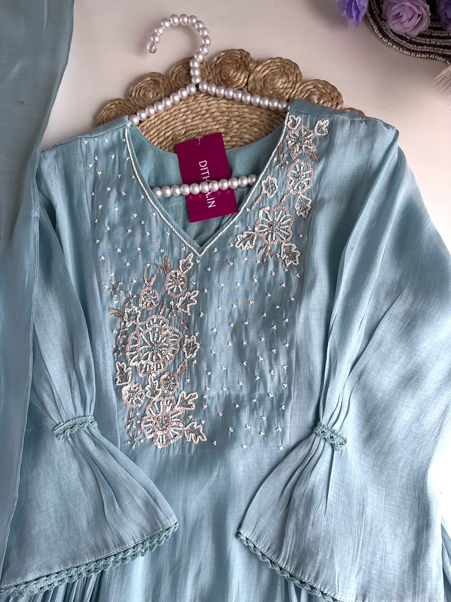 K178 - Mul Chanderi handwork Anarkali with pants and dupatta in 2 colours