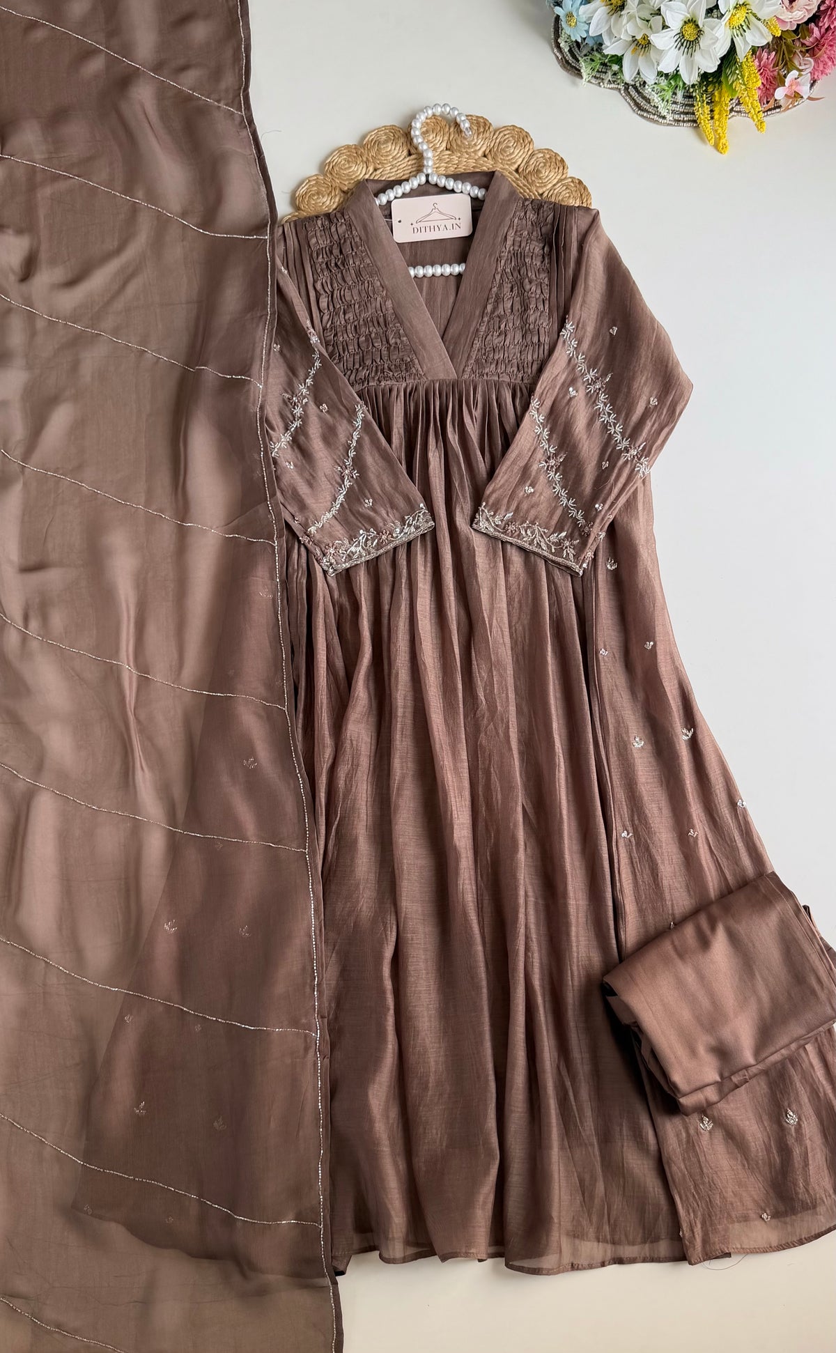 K497 - Mul chanderi handwork Anarkali with pants and dupatta