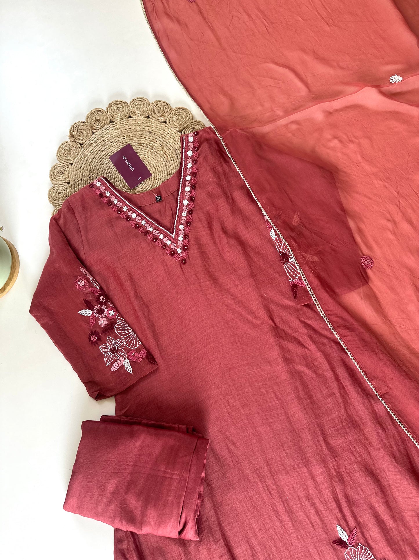 K116 - Mul Chanderi Threadwork Anarkali with pants and dupatta .
