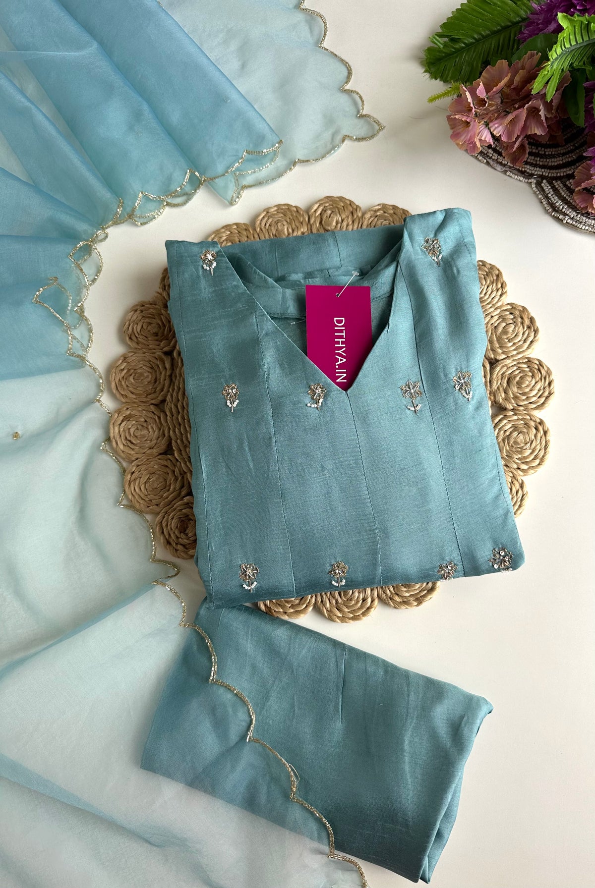 K135 - Russian silk handwork Anarkali with pants and dupatta