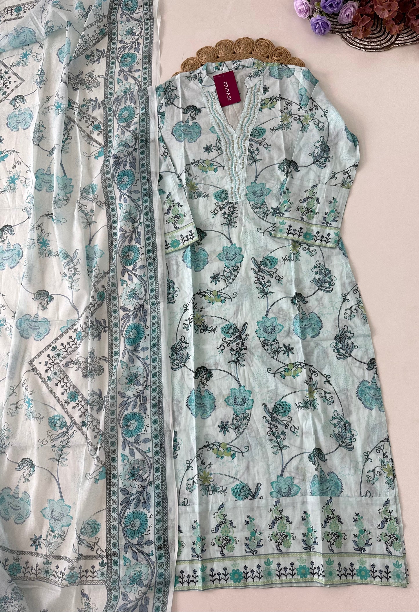 K355 - Cotton floral straight kurti with pants and dupatta