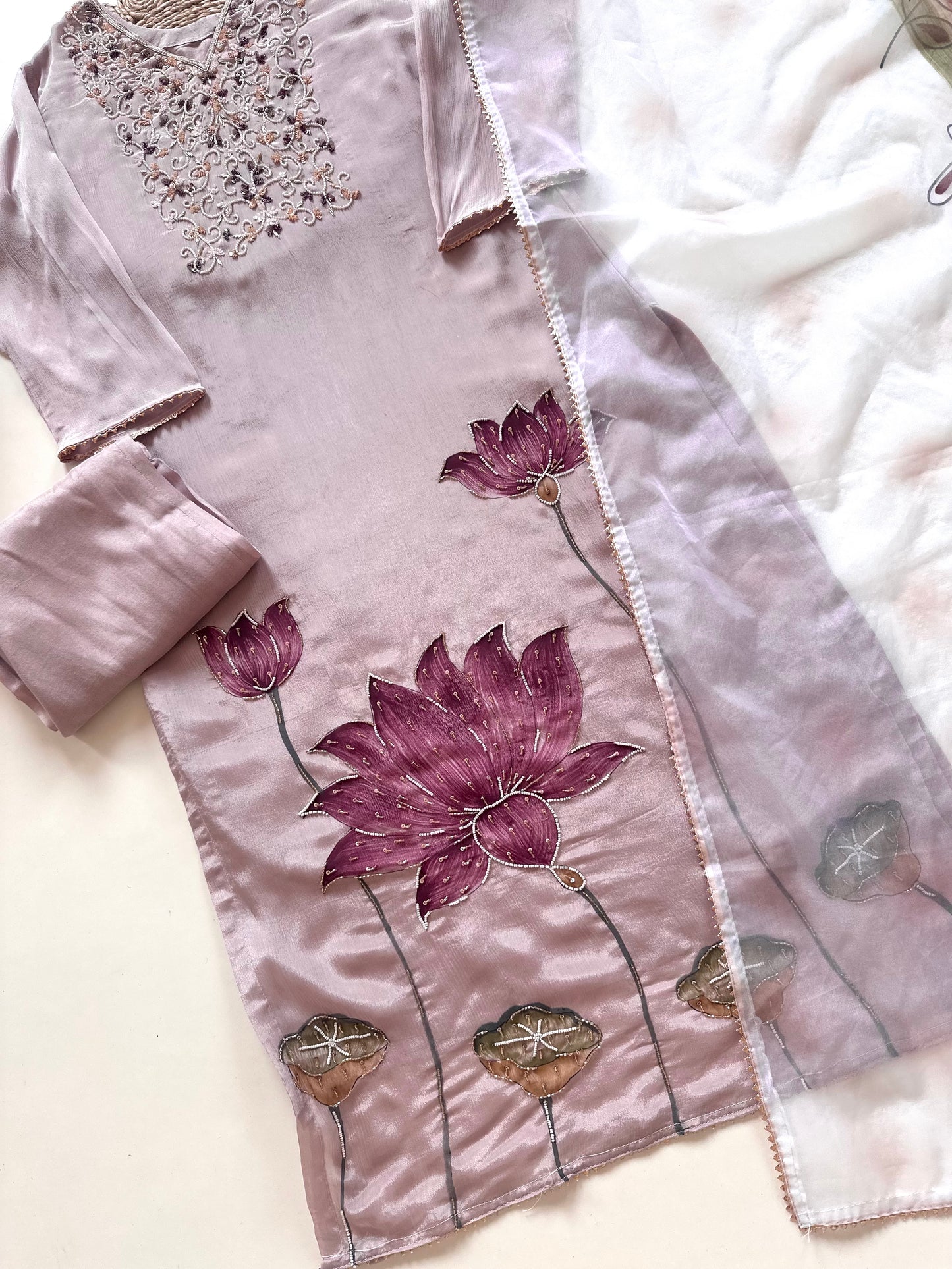 K429 - Pure crape handwork straight Kurti with pants and dupatta