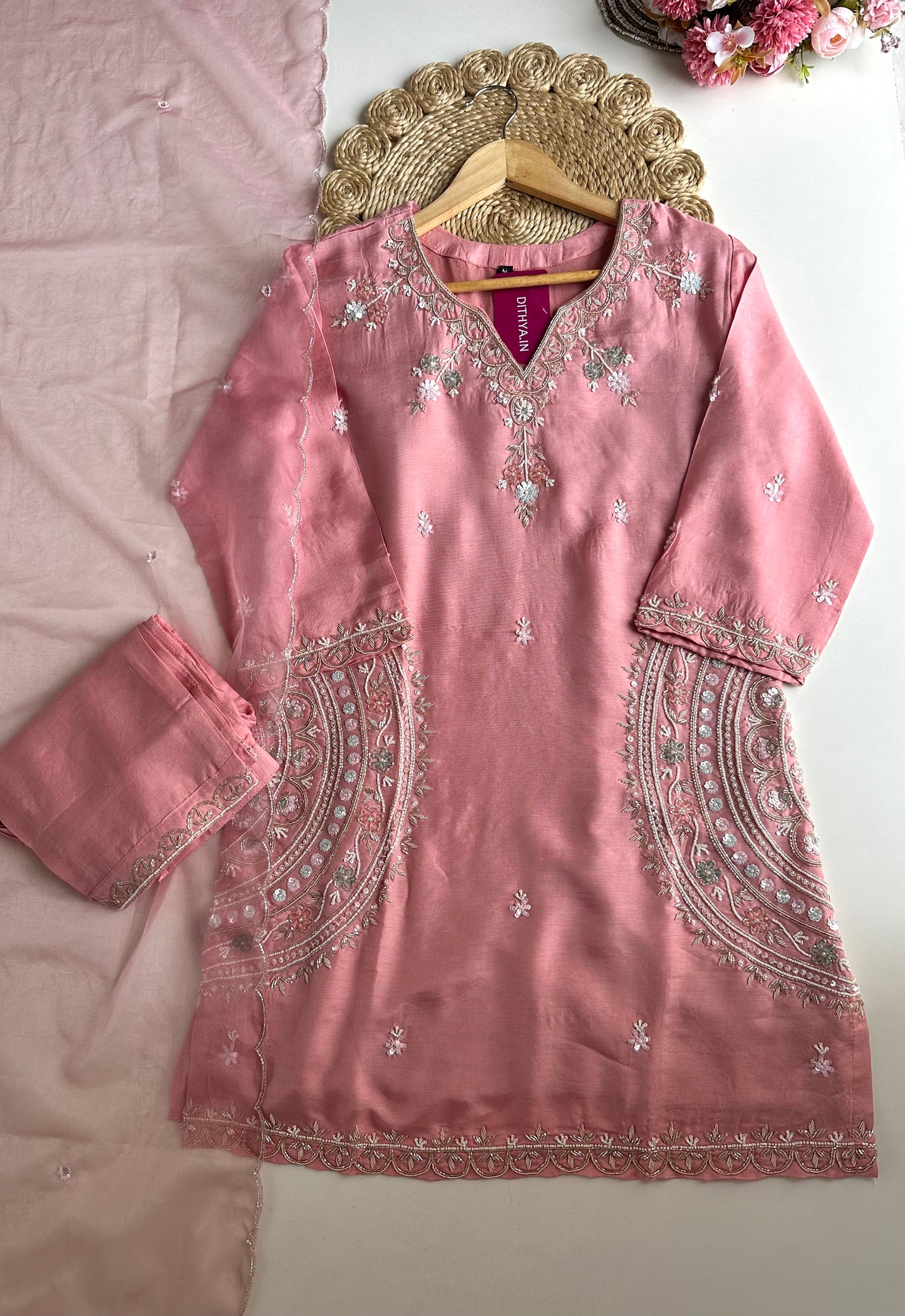K052 - Russian silk handwork short Kurti with pants and dupatta