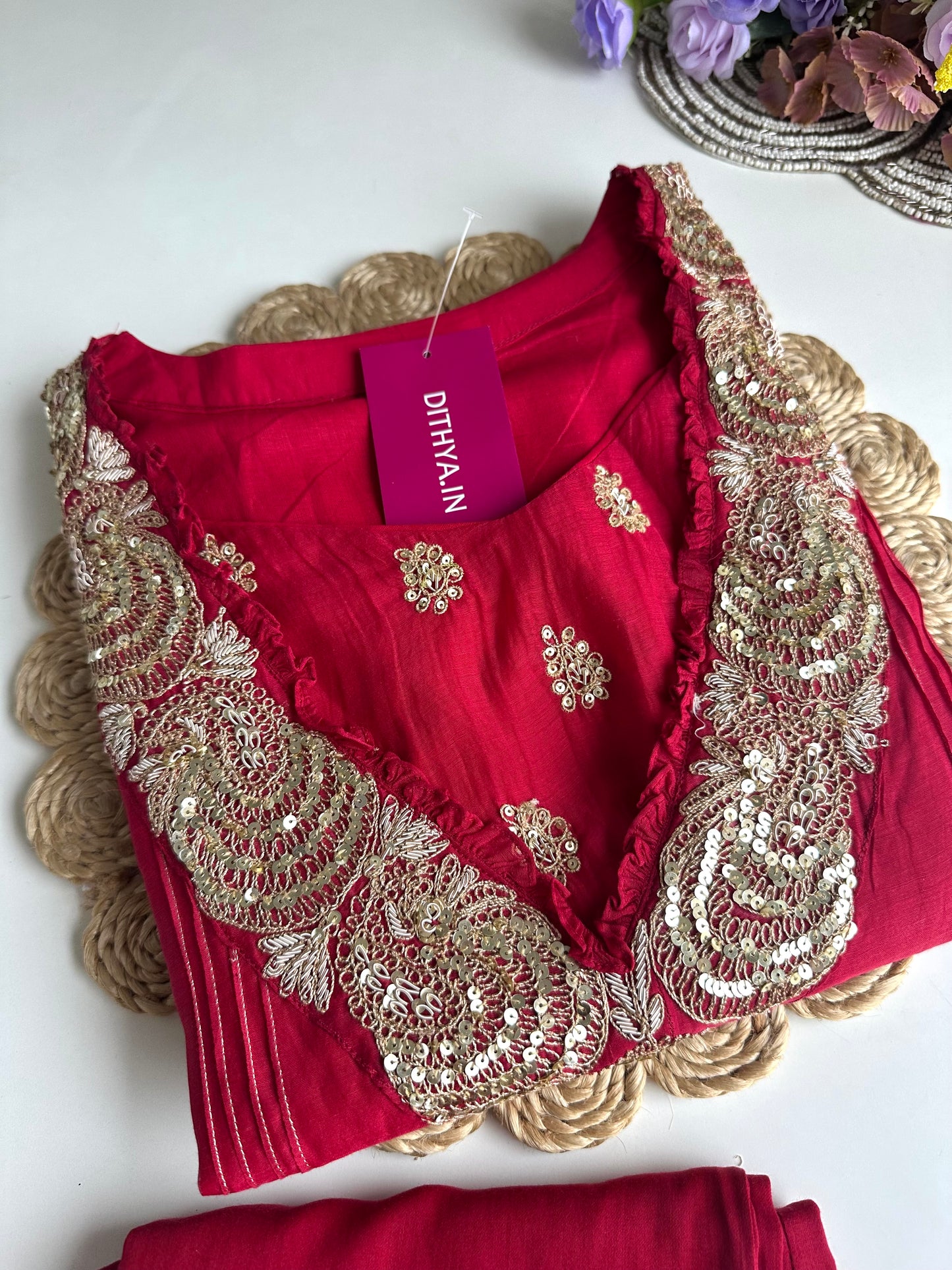 K451 - Mul Chanderi handwork Straight Kurti with inner and pants
