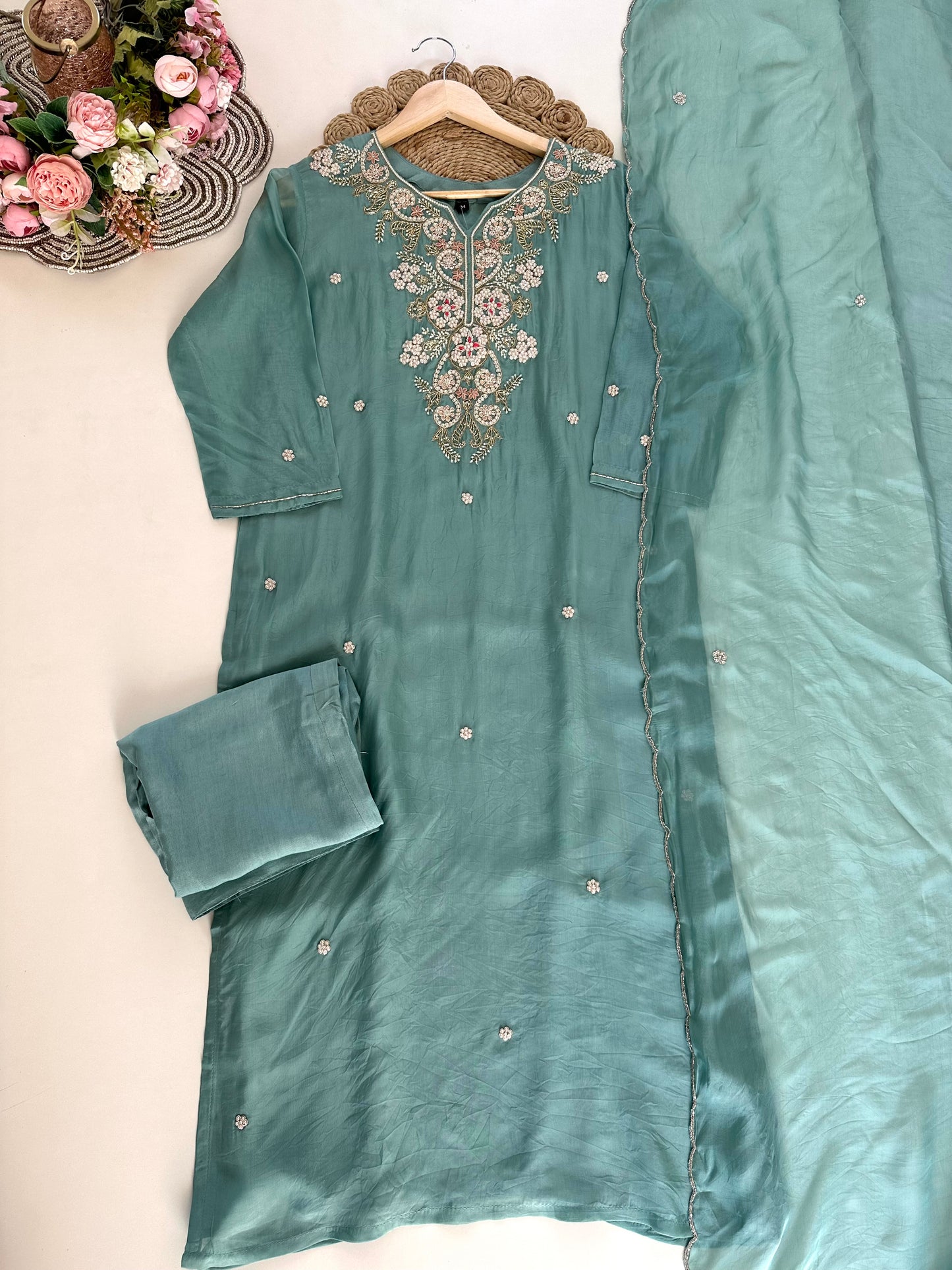 K137 - Viscose organza Handwork straight kurti with pants and dupatta.