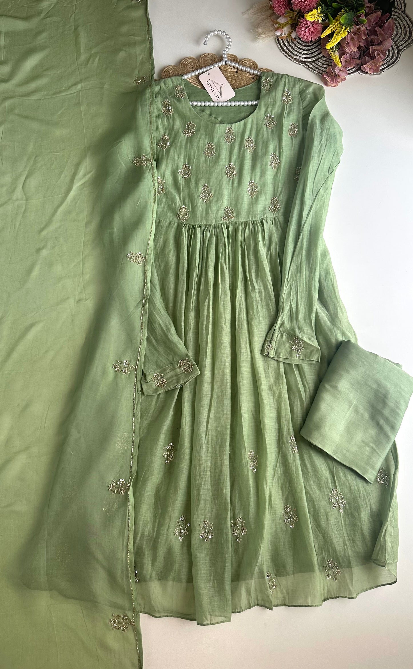 K347 - Mul Chanderi handwork Anarkali with pants and dupatta
