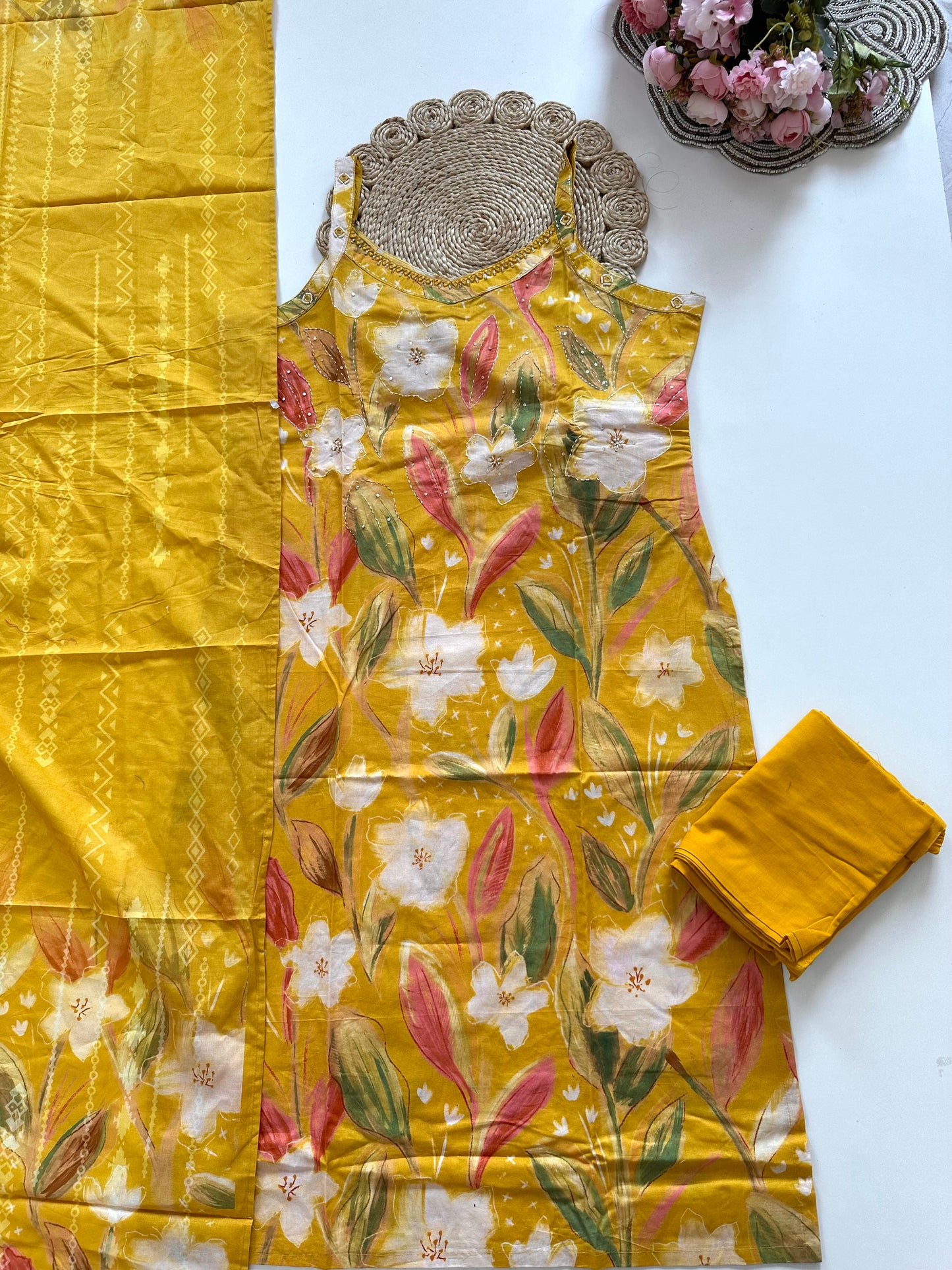 K250 - Cotton Strap handwork straight Kurti with pants and dupatta in 3 colours
