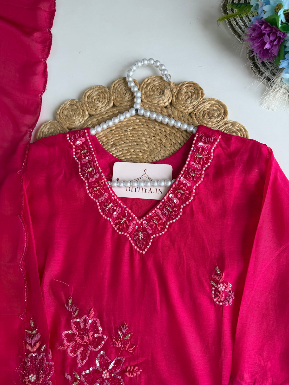 K610 - Mul chanderi handwork short Kurti with pants and dupatta