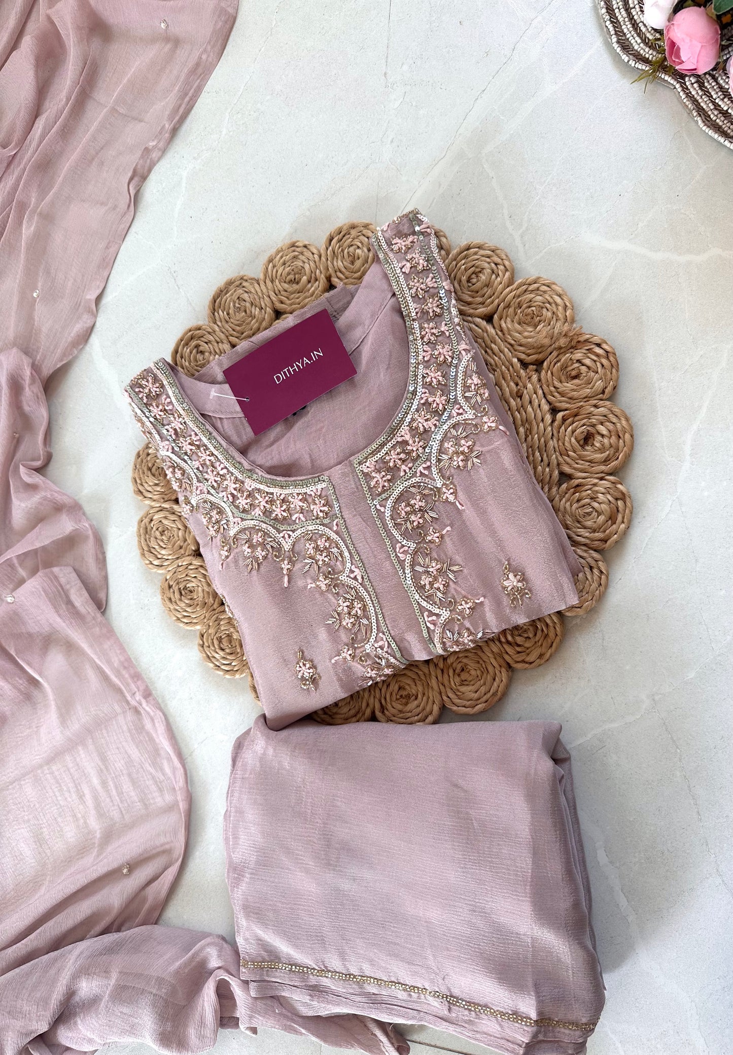 K161 - Heavy handwork Russian silk Straight kurti with flared pants and chiffon dupatta